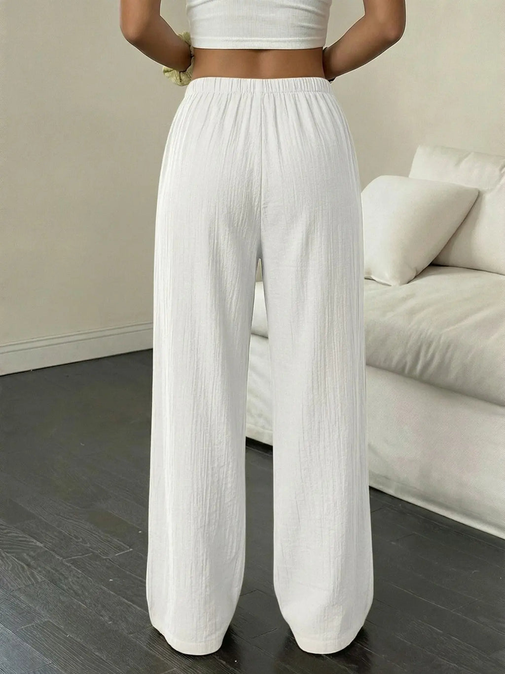 Women'S Linen Breathable Palazzo Pants Classical Summer Flowy Wide Leg Beach Trousers with Pocket Casual Solid Color Soft Elastic High Waist Lounge Pants Travel Vacation Bottoms Date Brunch Home Work Streetwear Outfit