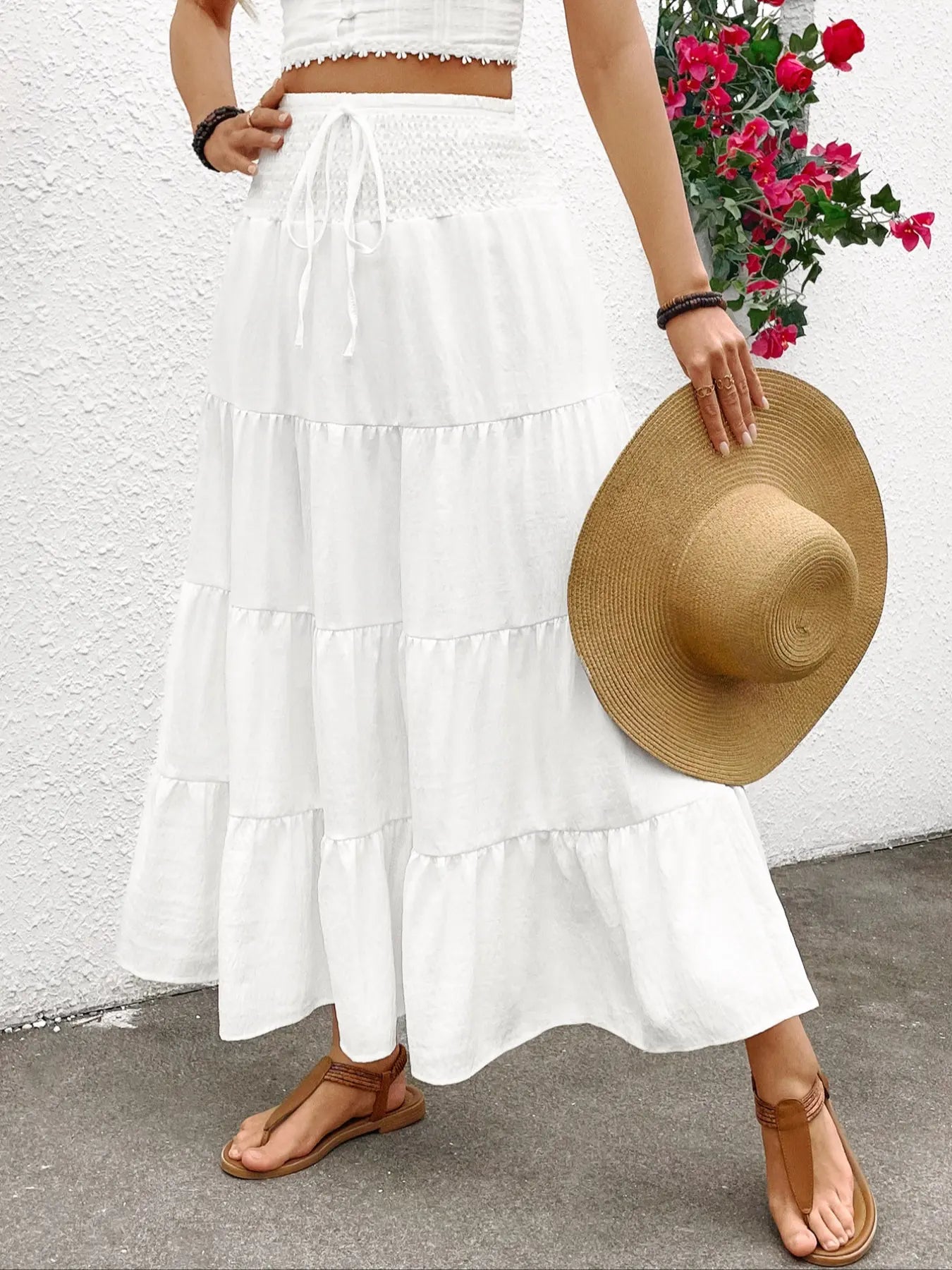 Women'S Plain Boho Style High Waist A-Line Skirt, Woven Elasticity Loose-Fitting Long Dress with Adjustable Drawstring Design, Casual Fashion for All Seasons