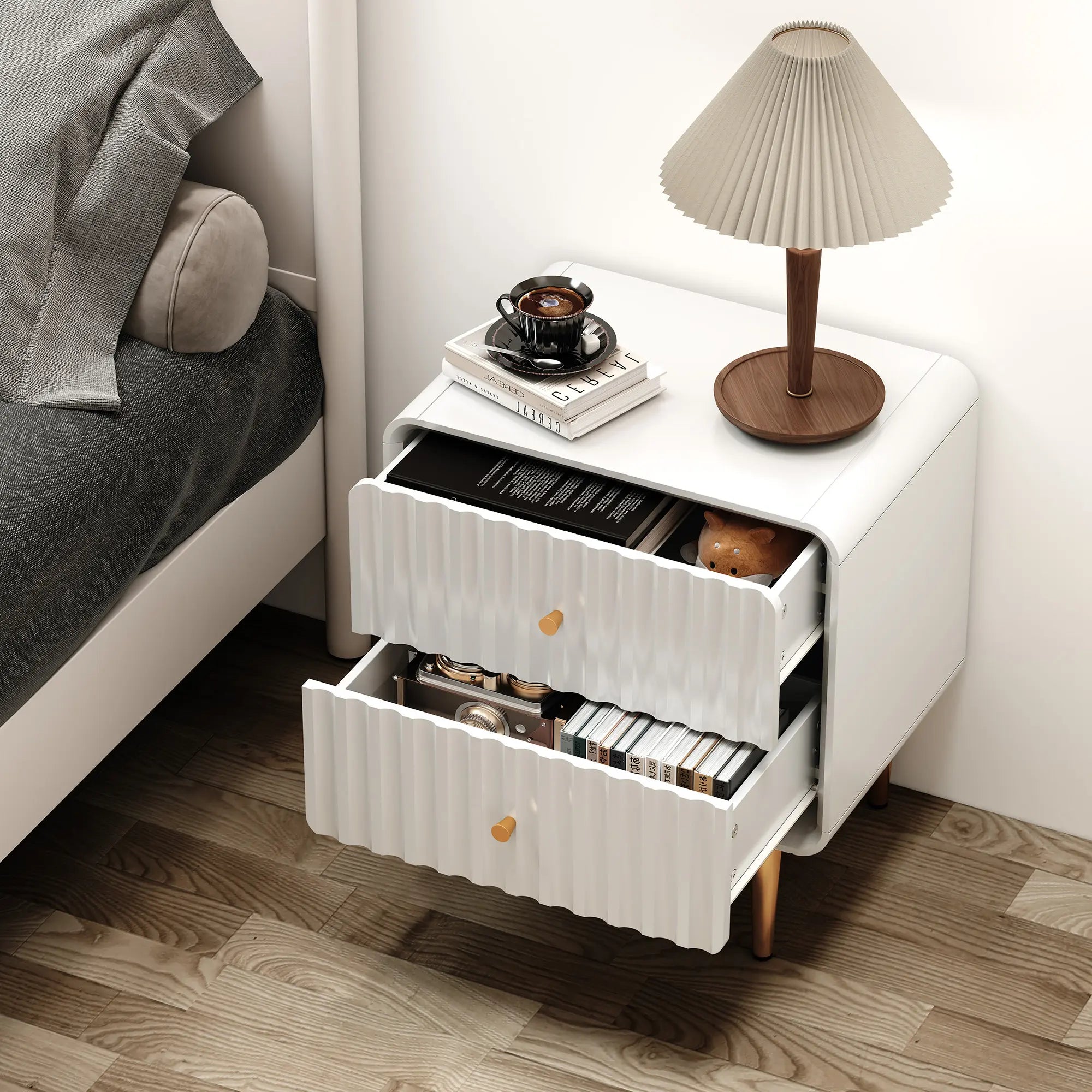 HLR Modern White Nightstand with Gold Handles – P2 MDF Frame, Easy Storage, Easy Assembly, Space-Saving – Bedroom, Living Room, Small Space, Elegant Design – Dust & Stain Resistant, Quick Clean, Versatile & Stylish, Perfect for Minimalist Rooms