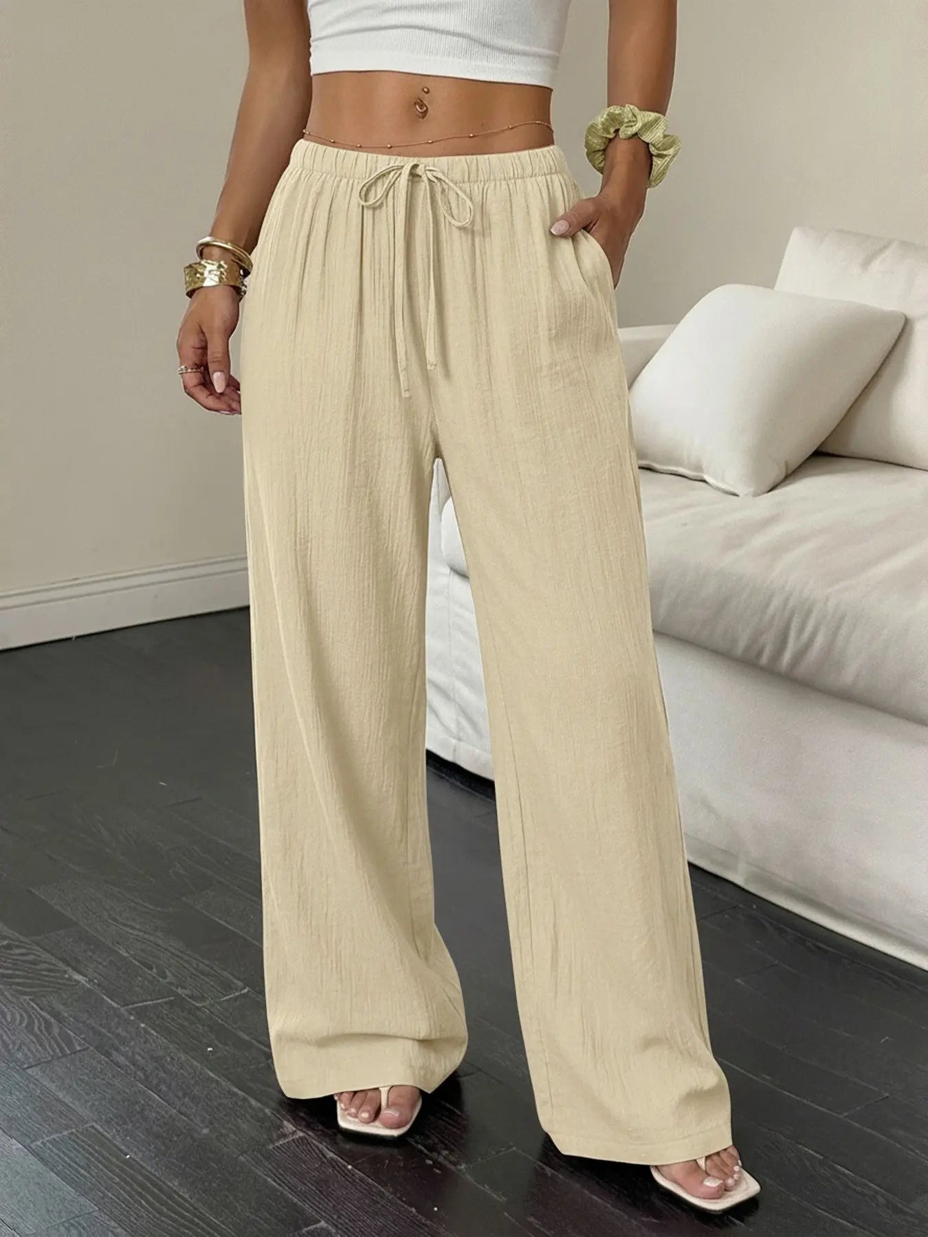 Women'S Linen Breathable Palazzo Pants Classical Summer Flowy Wide Leg Beach Trousers with Pocket Casual Solid Color Soft Elastic High Waist Lounge Pants Travel Vacation Bottoms Date Brunch Home Work Streetwear Outfit