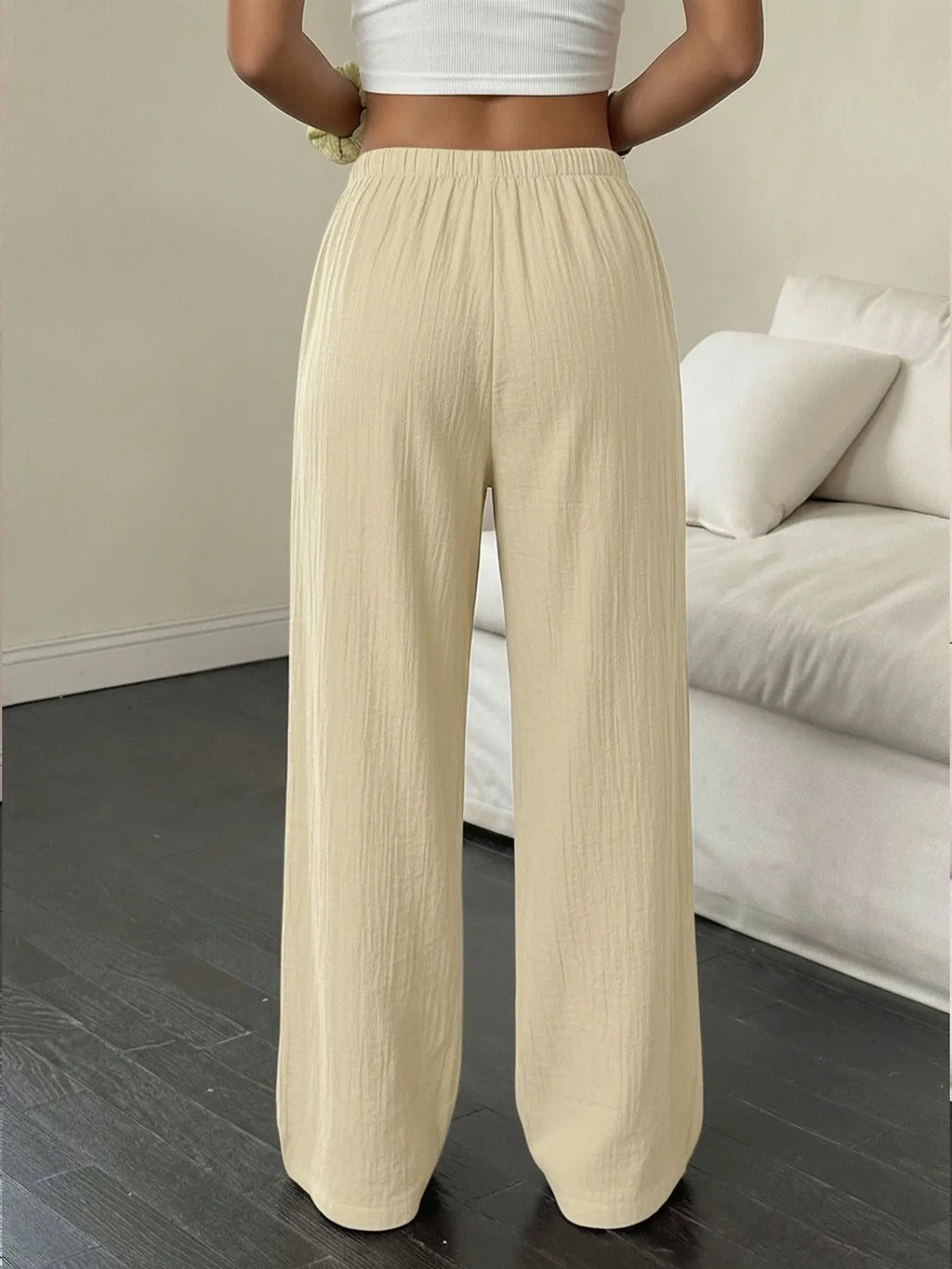 Women'S Linen Breathable Palazzo Pants Classical Summer Flowy Wide Leg Beach Trousers with Pocket Casual Solid Color Soft Elastic High Waist Lounge Pants Travel Vacation Bottoms Date Brunch Home Work Streetwear Outfit