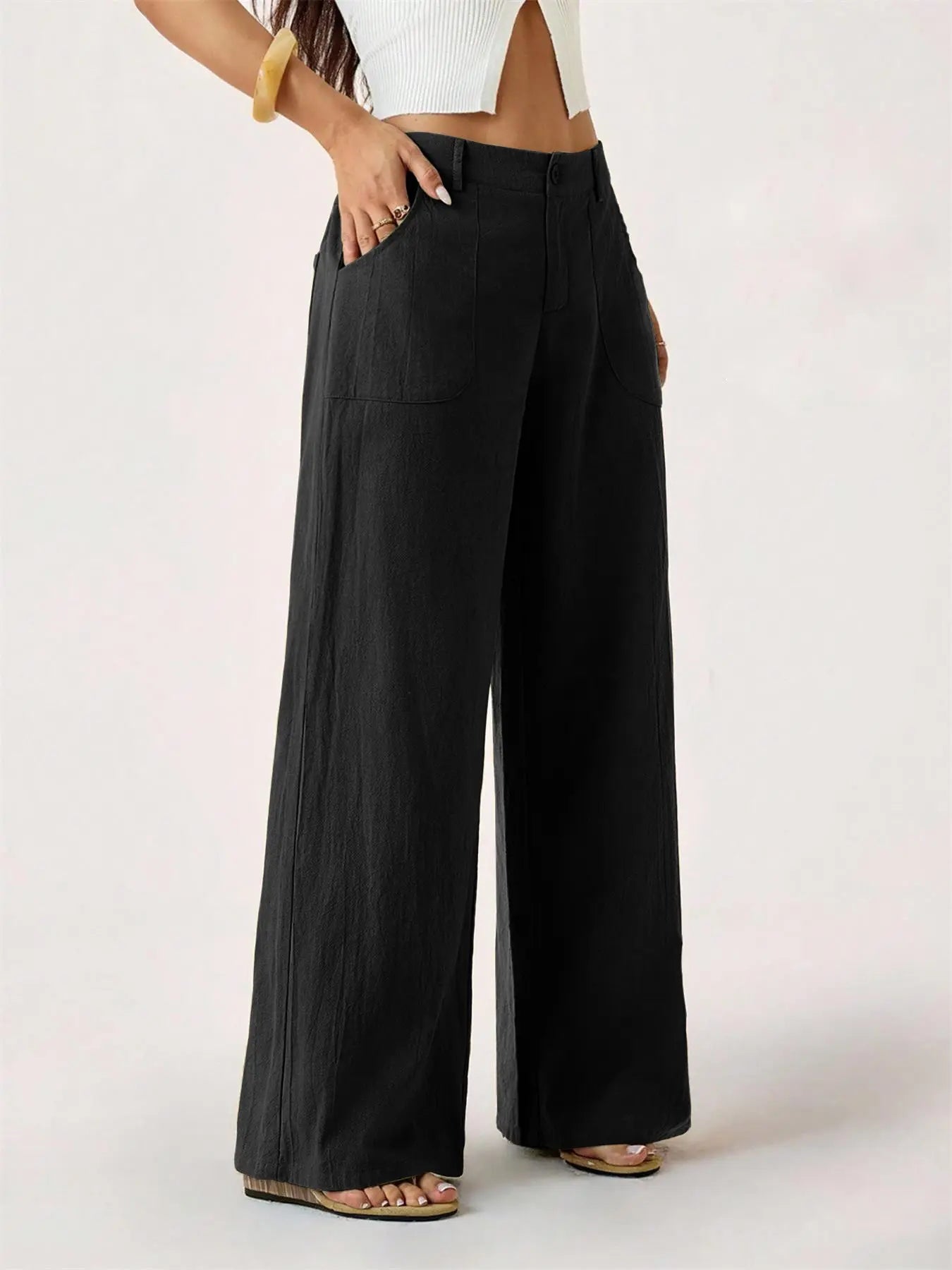 Women'S Classical Linen Lightweight Palazzo Pants Summer Flowy Wide Straight Leg Beach Trousers with Pocket Casual Solid Color Soft Elastic High Waist Lounge Pants Travel Vacation Bottoms Date Brunch Home Work Streetwear Outfit Womenswear