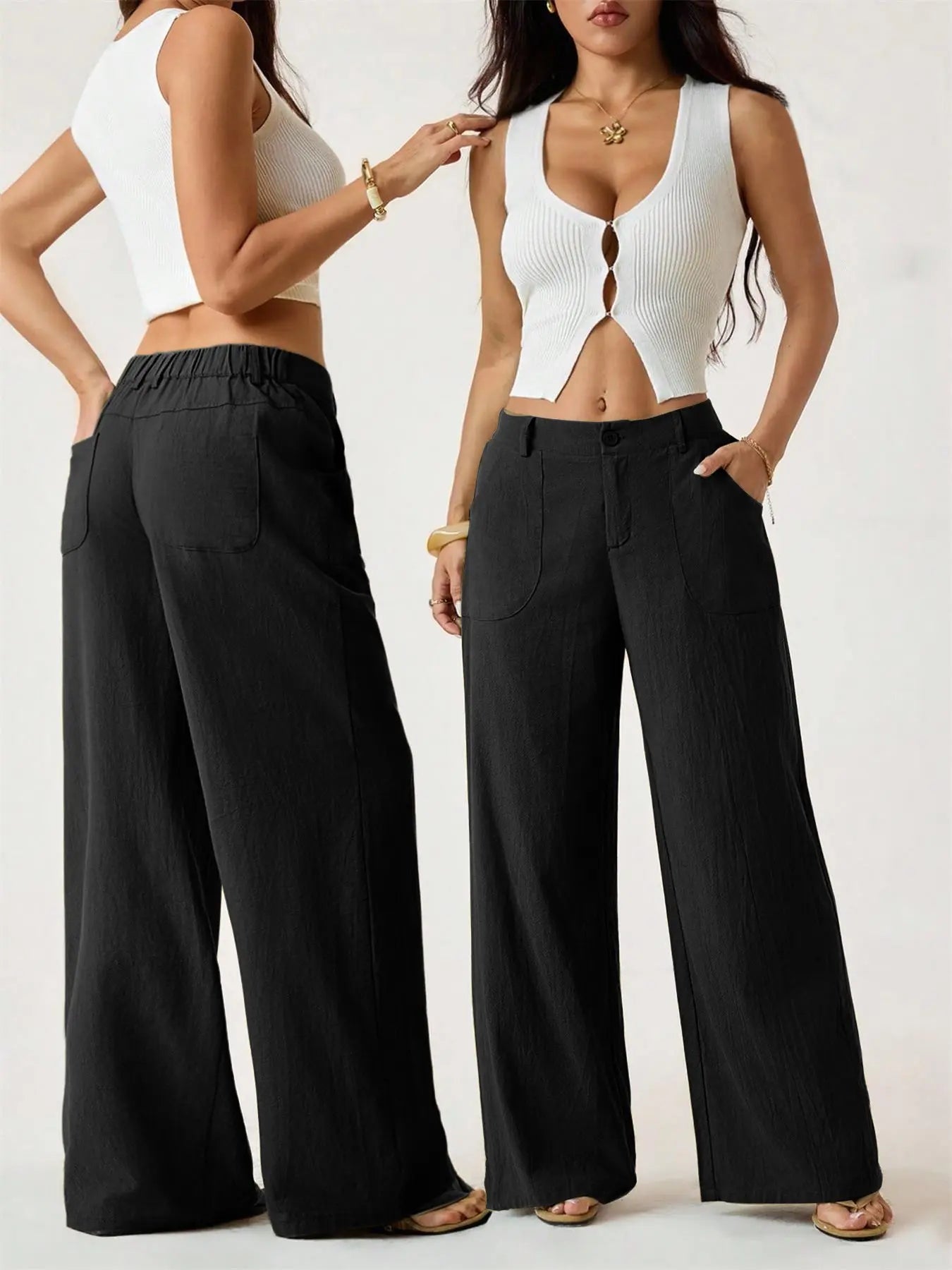 Women'S Classical Linen Lightweight Palazzo Pants Summer Flowy Wide Straight Leg Beach Trousers with Pocket Casual Solid Color Soft Elastic High Waist Lounge Pants Travel Vacation Bottoms Date Brunch Home Work Streetwear Outfit Womenswear