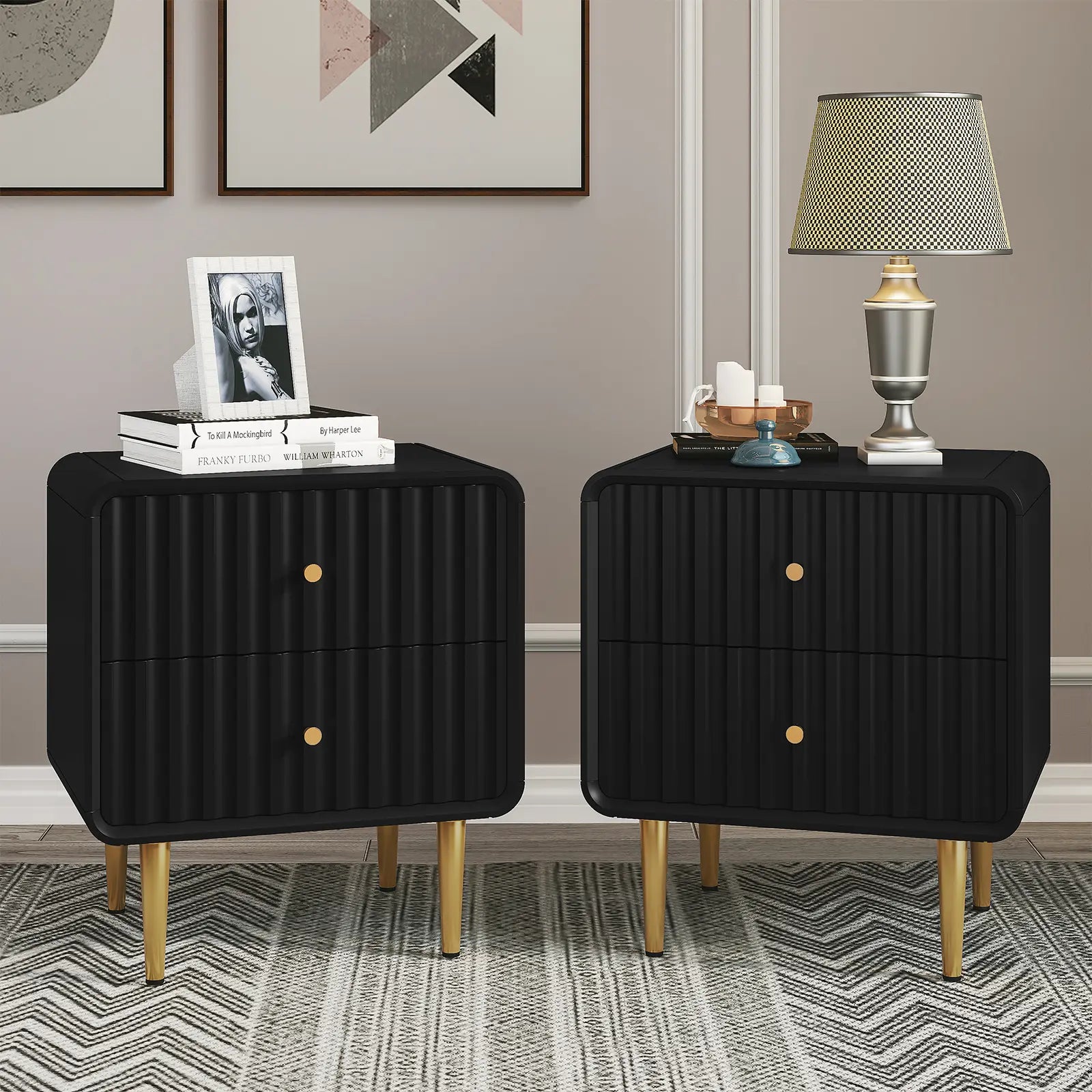 HLR Modern White Nightstand with Gold Handles – P2 MDF Frame, Easy Storage, Easy Assembly, Space-Saving – Bedroom, Living Room, Small Space, Elegant Design – Dust & Stain Resistant, Quick Clean, Versatile & Stylish, Perfect for Minimalist Rooms