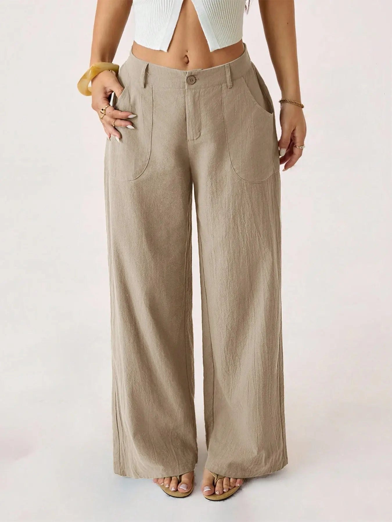 Women'S Classical Linen Lightweight Palazzo Pants Summer Flowy Wide Straight Leg Beach Trousers with Pocket Casual Solid Color Soft Elastic High Waist Lounge Pants Travel Vacation Bottoms Date Brunch Home Work Streetwear Outfit Womenswear