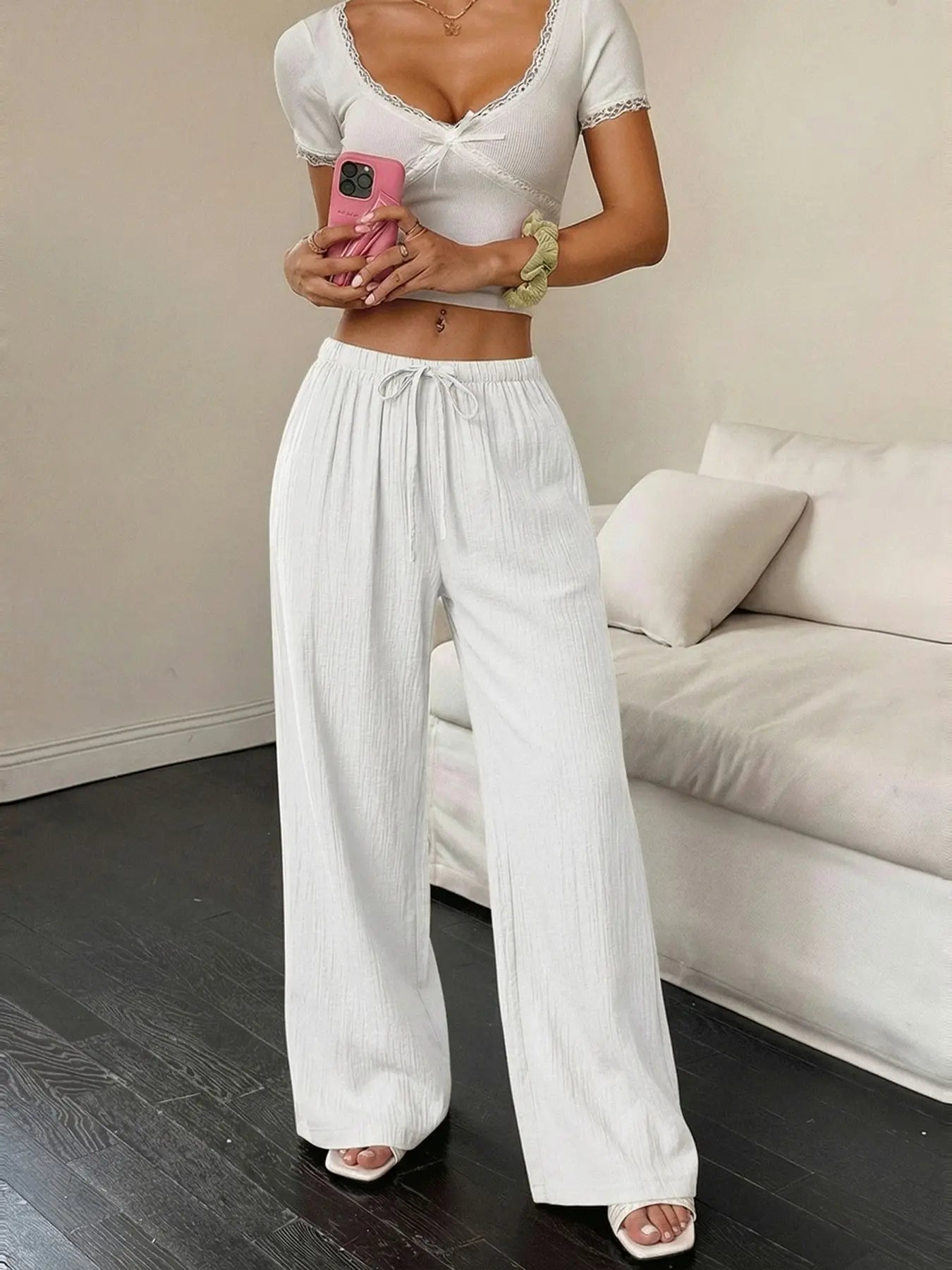 Women'S Linen Breathable Palazzo Pants Classical Summer Flowy Wide Leg Beach Trousers with Pocket Casual Solid Color Soft Elastic High Waist Lounge Pants Travel Vacation Bottoms Date Brunch Home Work Streetwear Outfit