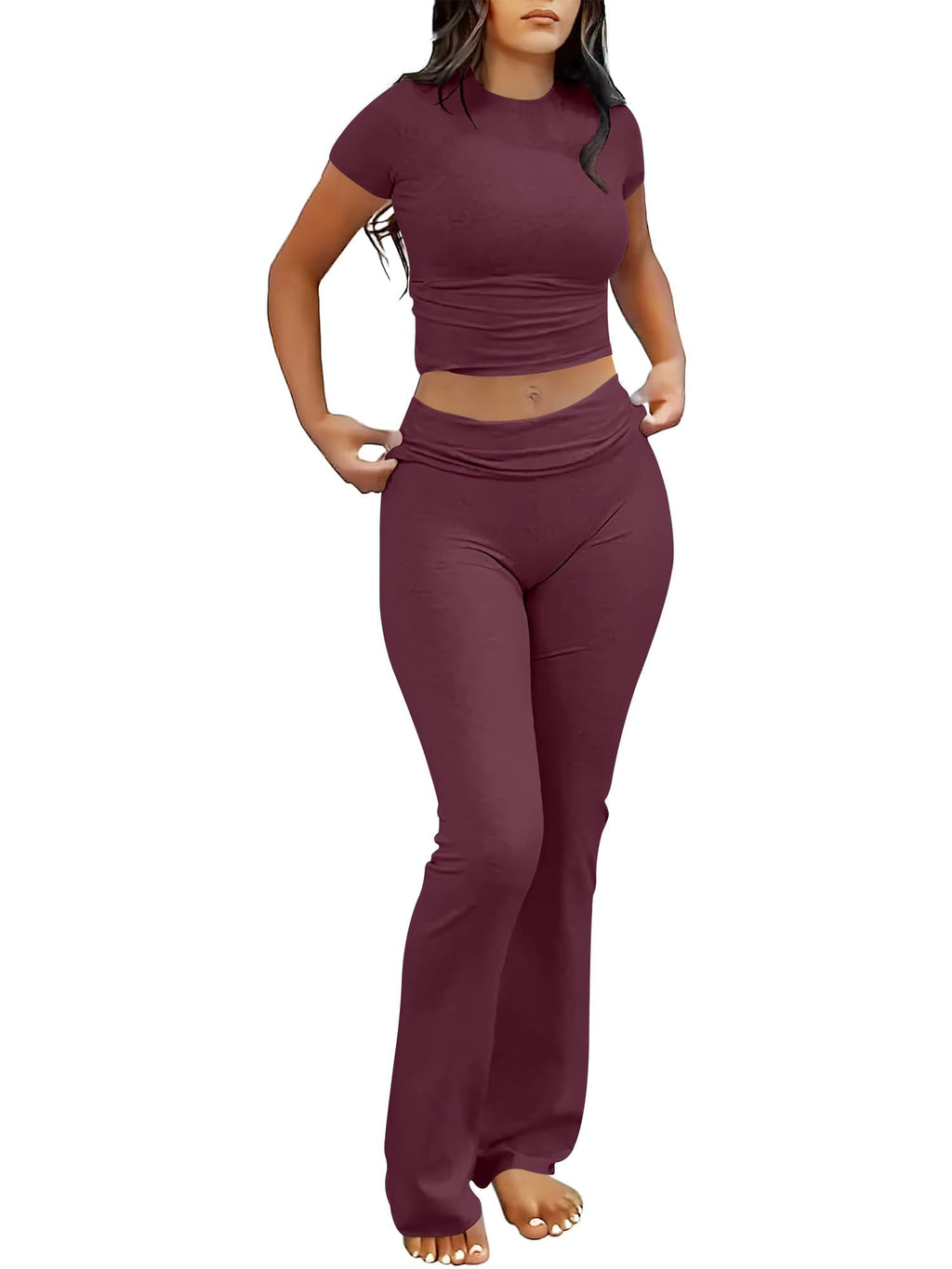 ANRABESS Lounge Sets for Women 2 Piece Foldover Yoga Flare Leggings Pants