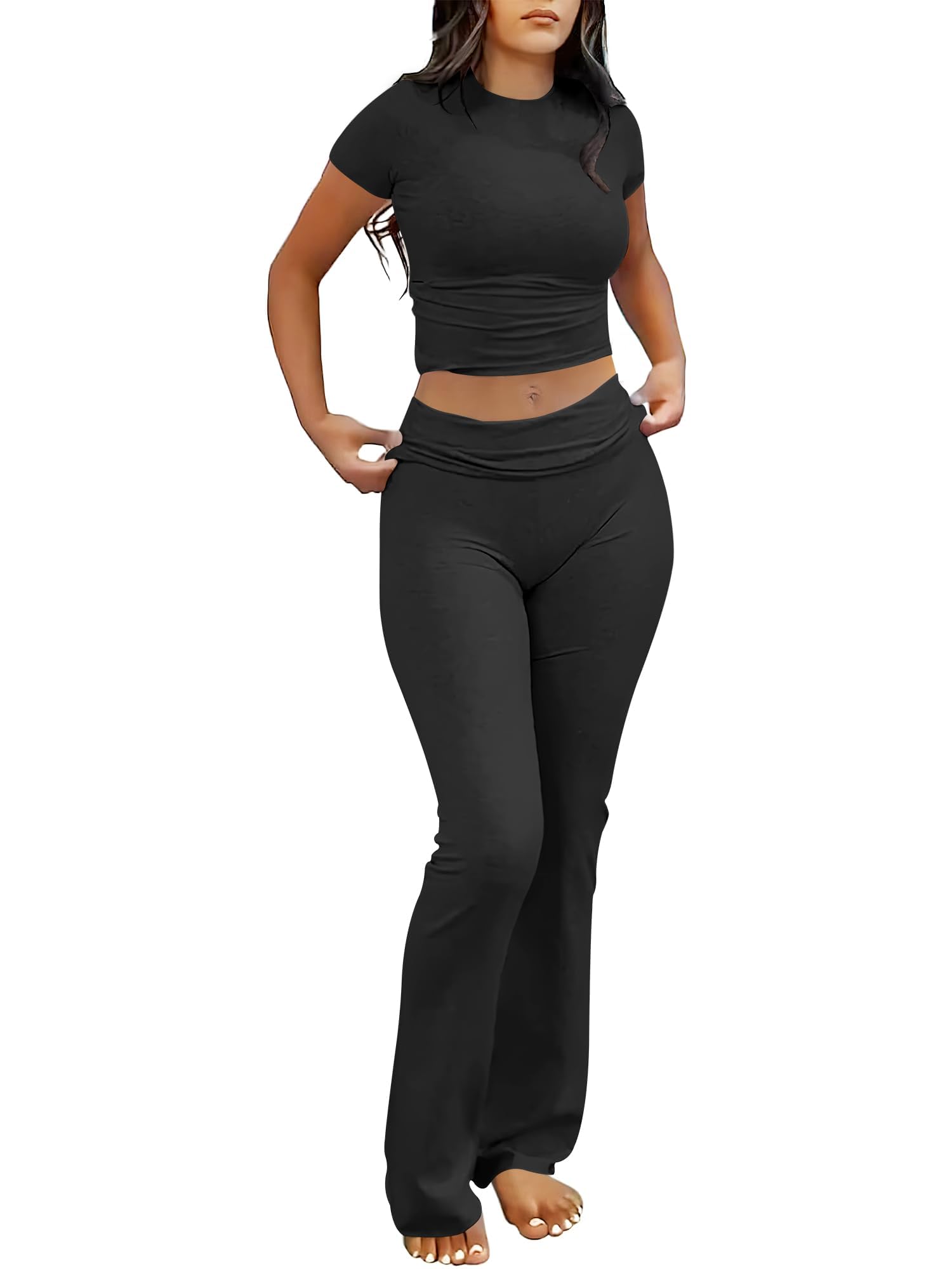 ANRABESS Lounge Sets for Women 2 Piece Foldover Yoga Flare Leggings Pants