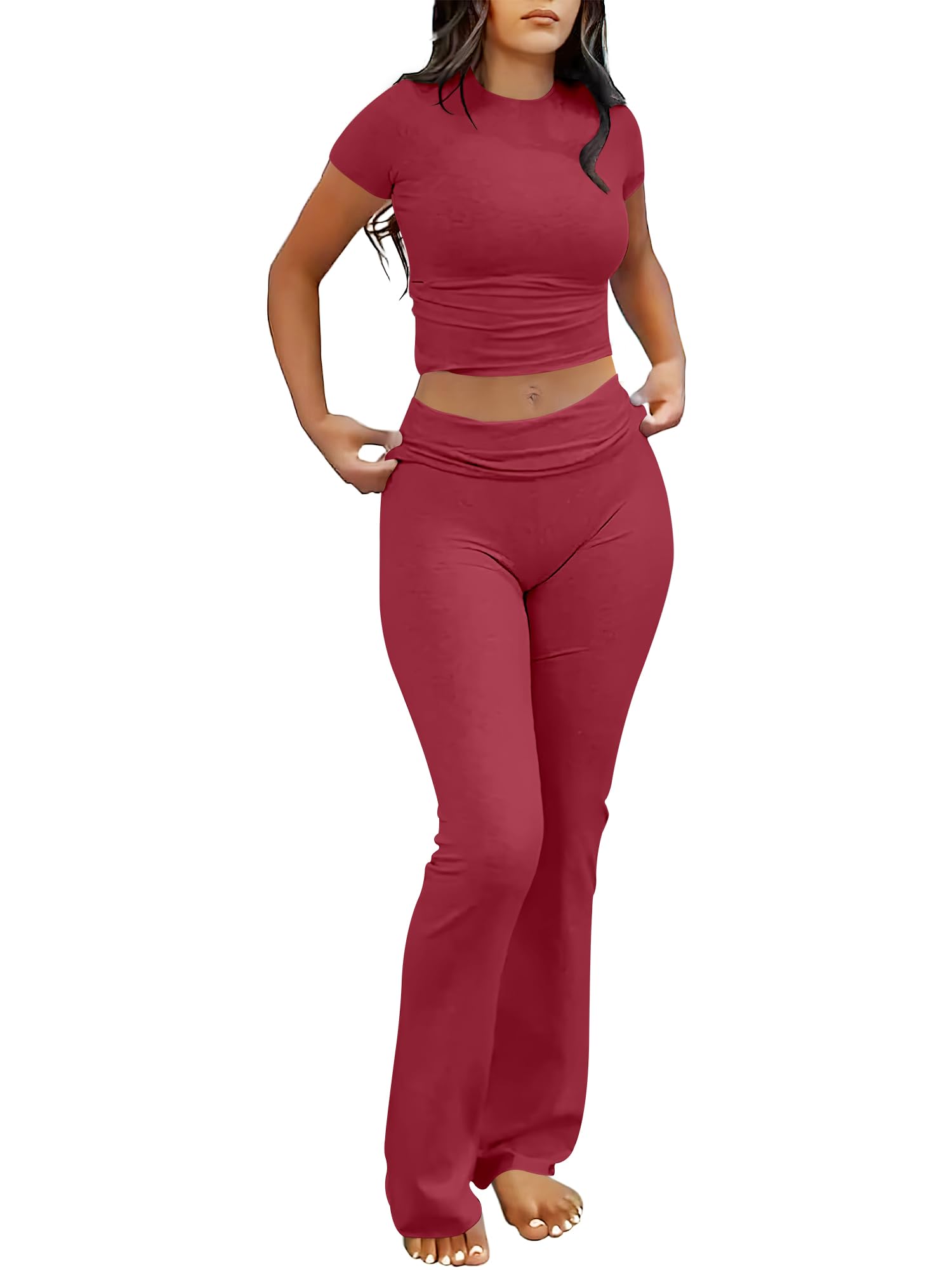 ANRABESS Lounge Sets for Women 2 Piece Foldover Yoga Flare Leggings Pants