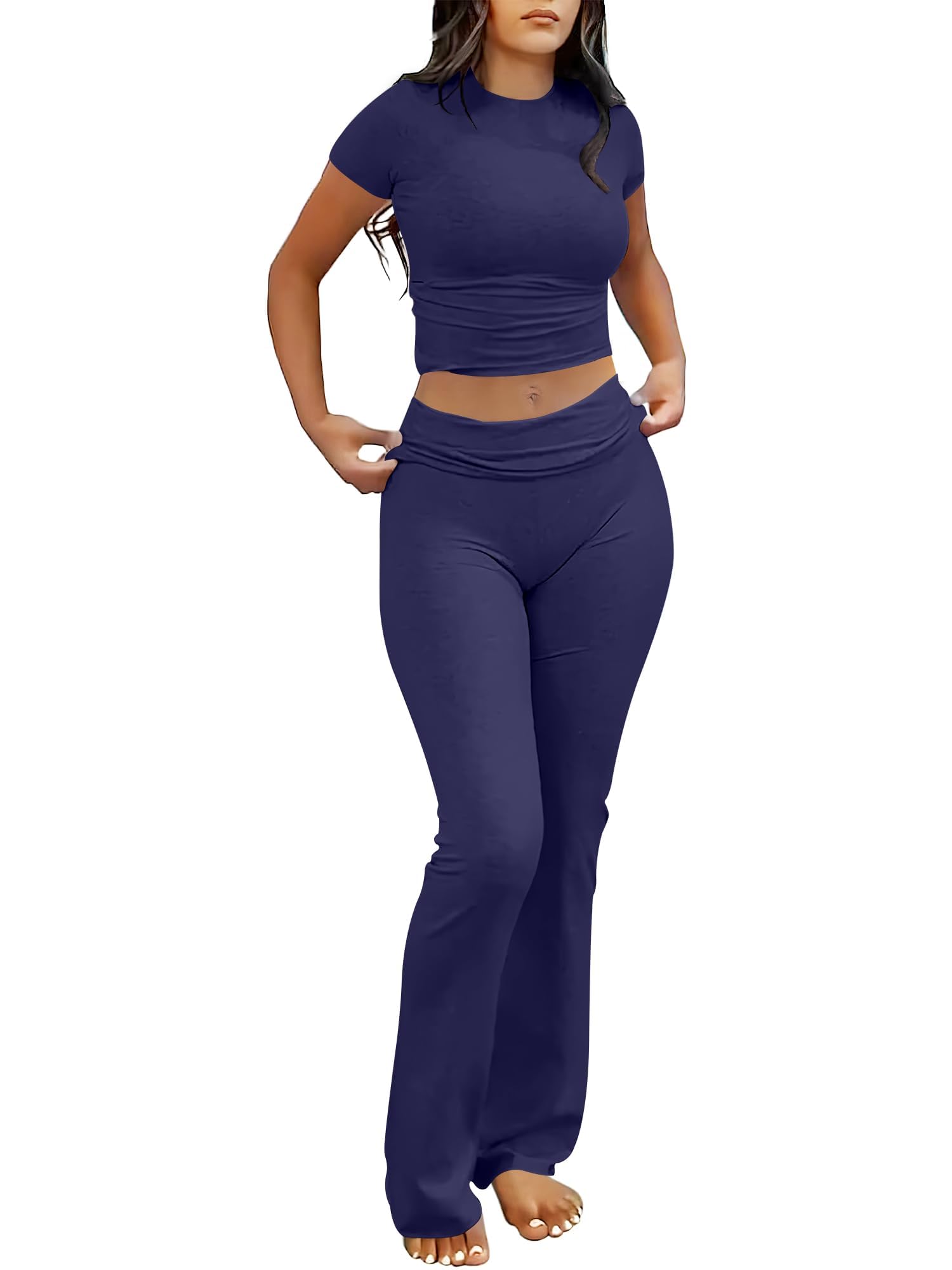 ANRABESS Lounge Sets for Women 2 Piece Foldover Yoga Flare Leggings Pants