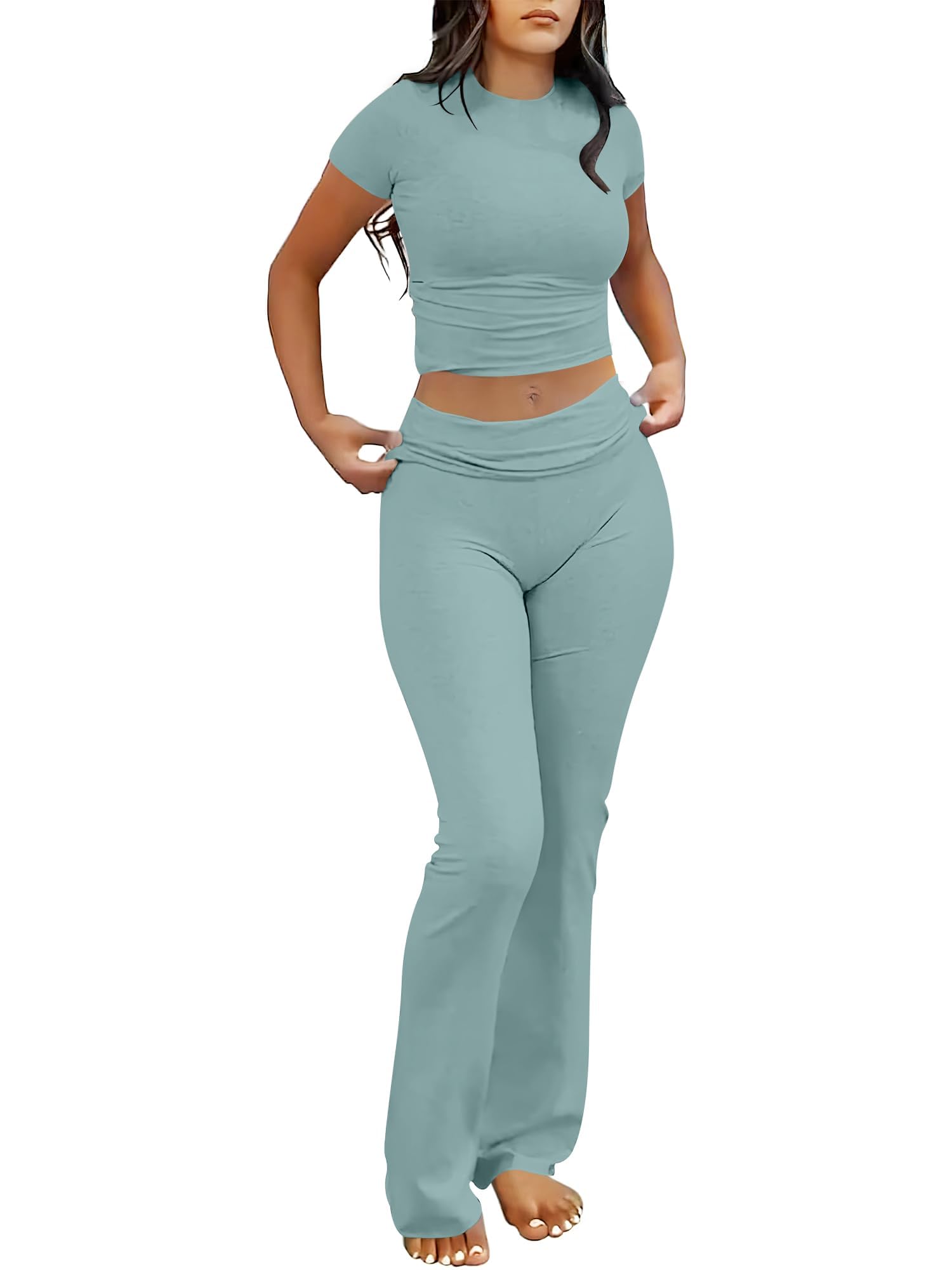 ANRABESS Lounge Sets for Women 2 Piece Foldover Yoga Flare Leggings Pants