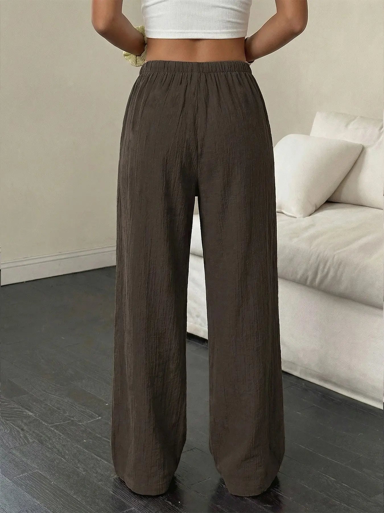 Women'S Linen Breathable Palazzo Pants Classical Summer Flowy Wide Leg Beach Trousers with Pocket Casual Solid Color Soft Elastic High Waist Lounge Pants Travel Vacation Bottoms Date Brunch Home Work Streetwear Outfit
