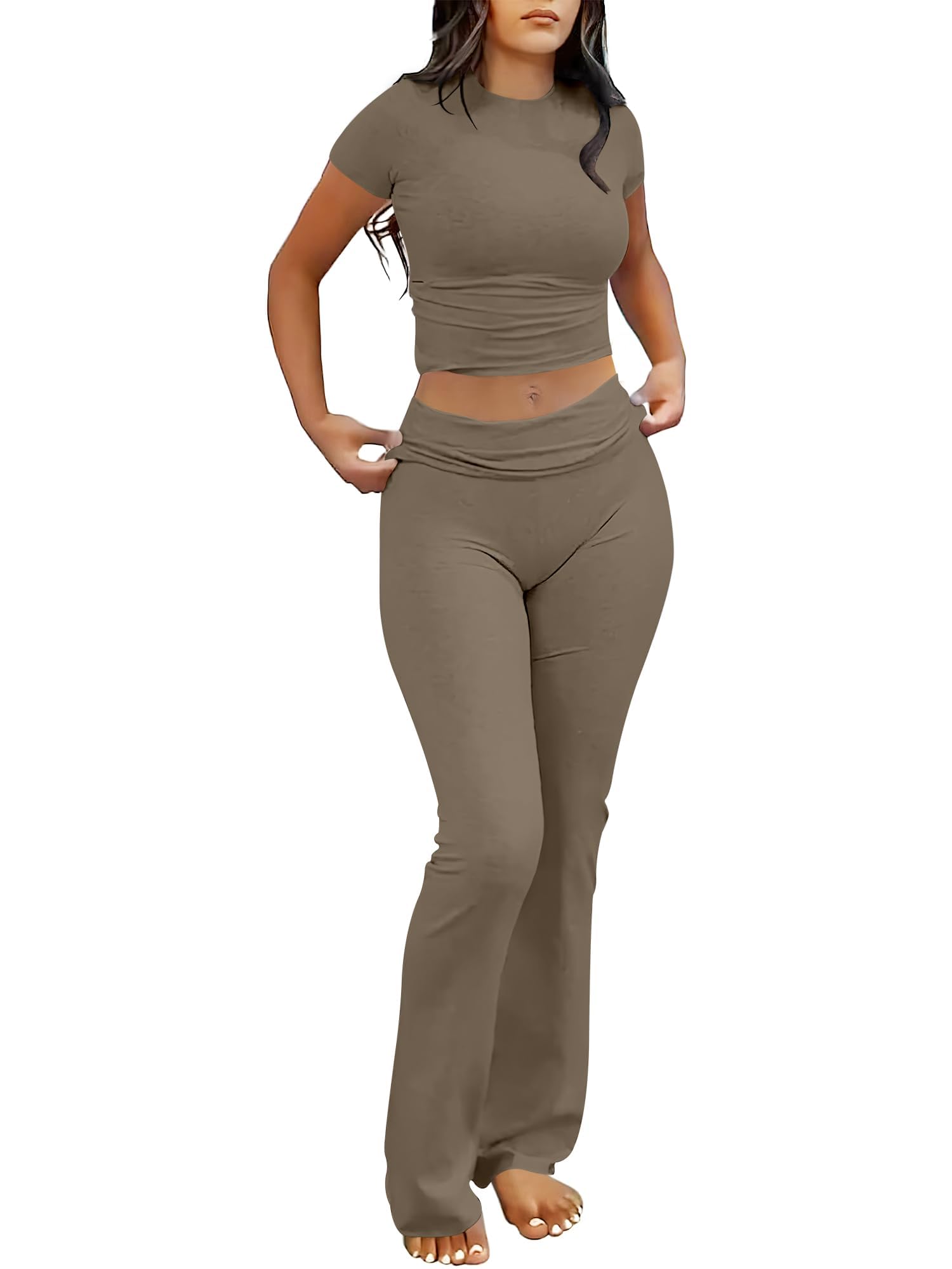 ANRABESS Lounge Sets for Women 2 Piece Foldover Yoga Flare Leggings Pants