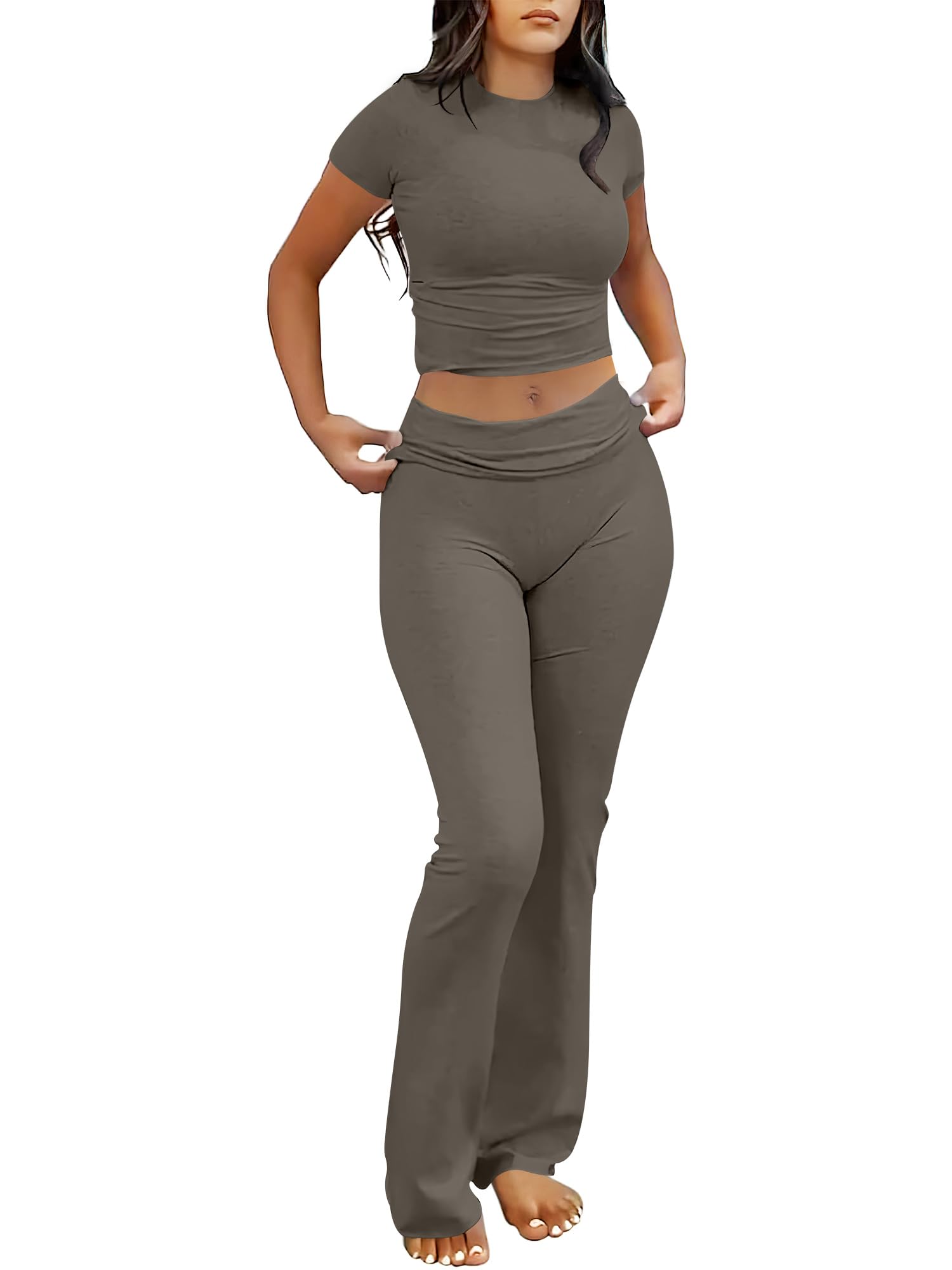 ANRABESS Lounge Sets for Women 2 Piece Foldover Yoga Flare Leggings Pants