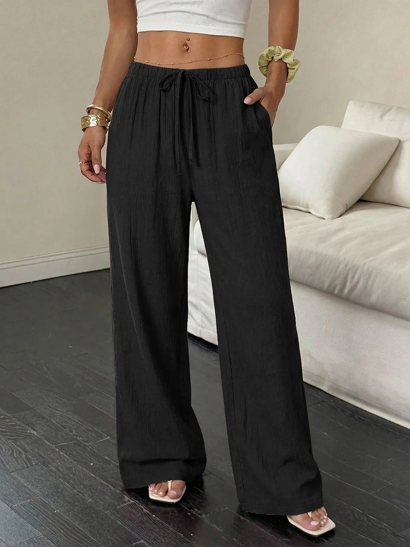 Women'S Linen Breathable Palazzo Pants Classical Summer Flowy Wide Leg Beach Trousers with Pocket Casual Solid Color Soft Elastic High Waist Lounge Pants Travel Vacation Bottoms Date Brunch Home Work Streetwear Outfit