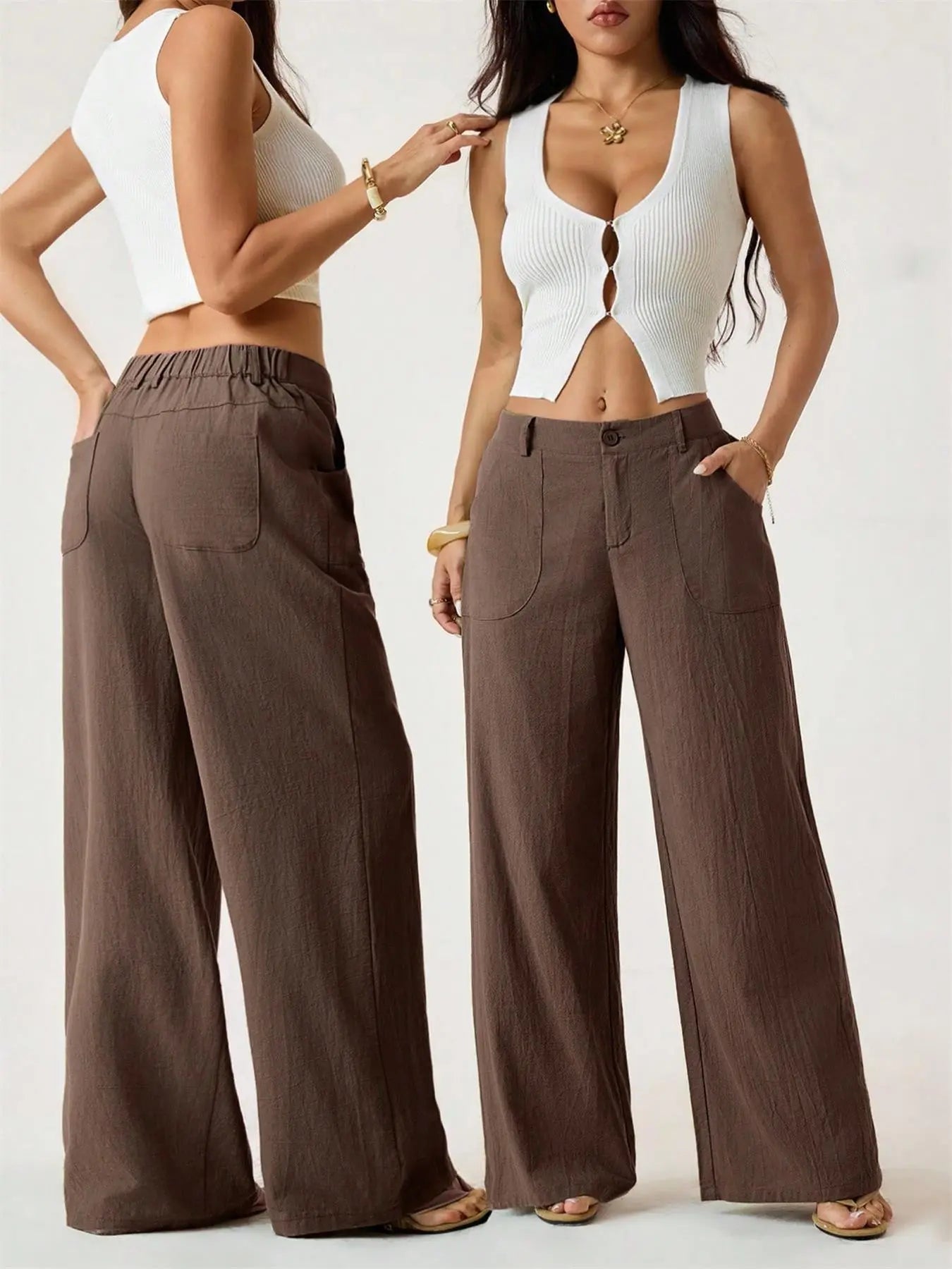 Women'S Classical Linen Lightweight Palazzo Pants Summer Flowy Wide Straight Leg Beach Trousers with Pocket Casual Solid Color Soft Elastic High Waist Lounge Pants Travel Vacation Bottoms Date Brunch Home Work Streetwear Outfit Womenswear