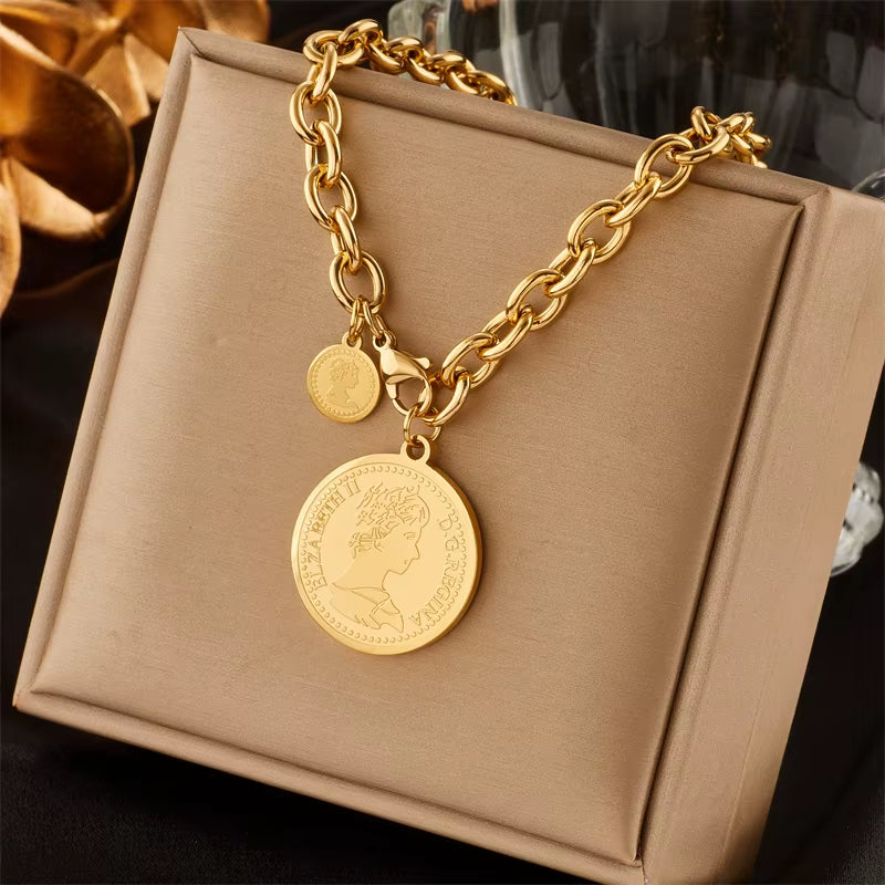 DIEYURO 316L Stainless Steel Gold Color Hip Hop round Portrait Coin Necklace for Women Men Fashion Trend Girl Jewelry Gift Joyas