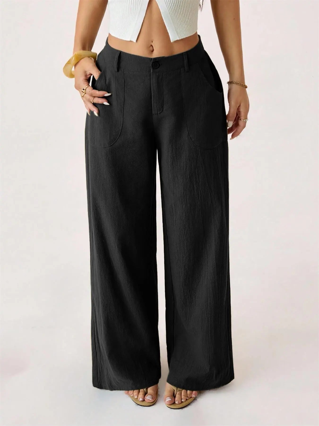 Women'S Classical Linen Lightweight Palazzo Pants Summer Flowy Wide Straight Leg Beach Trousers with Pocket Casual Solid Color Soft Elastic High Waist Lounge Pants Travel Vacation Bottoms Date Brunch Home Work Streetwear Outfit Womenswear