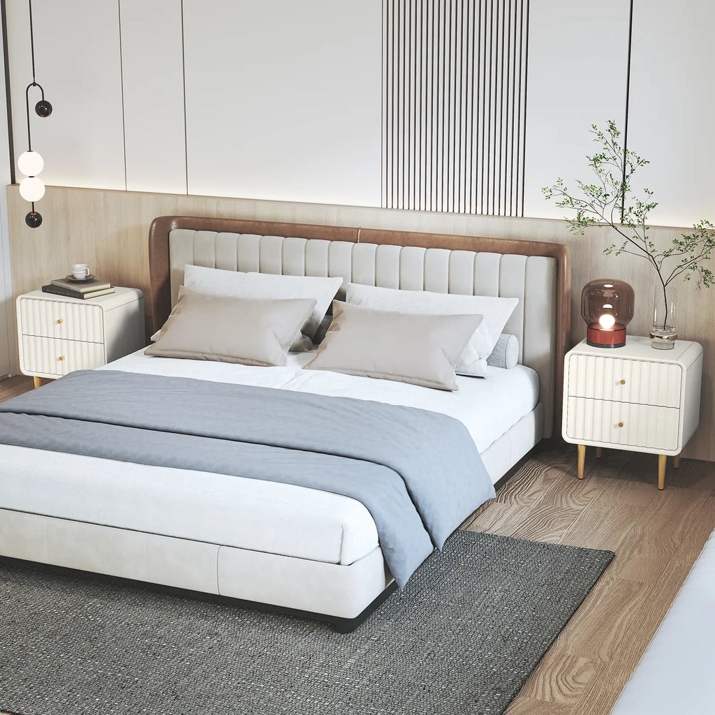 HLR Modern White Nightstand with Gold Handles – P2 MDF Frame, Easy Storage, Easy Assembly, Space-Saving – Bedroom, Living Room, Small Space, Elegant Design – Dust & Stain Resistant, Quick Clean, Versatile & Stylish, Perfect for Minimalist Rooms