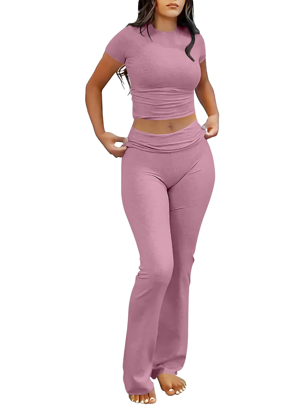 ANRABESS Lounge Sets for Women 2 Piece Foldover Yoga Flare Leggings Pants