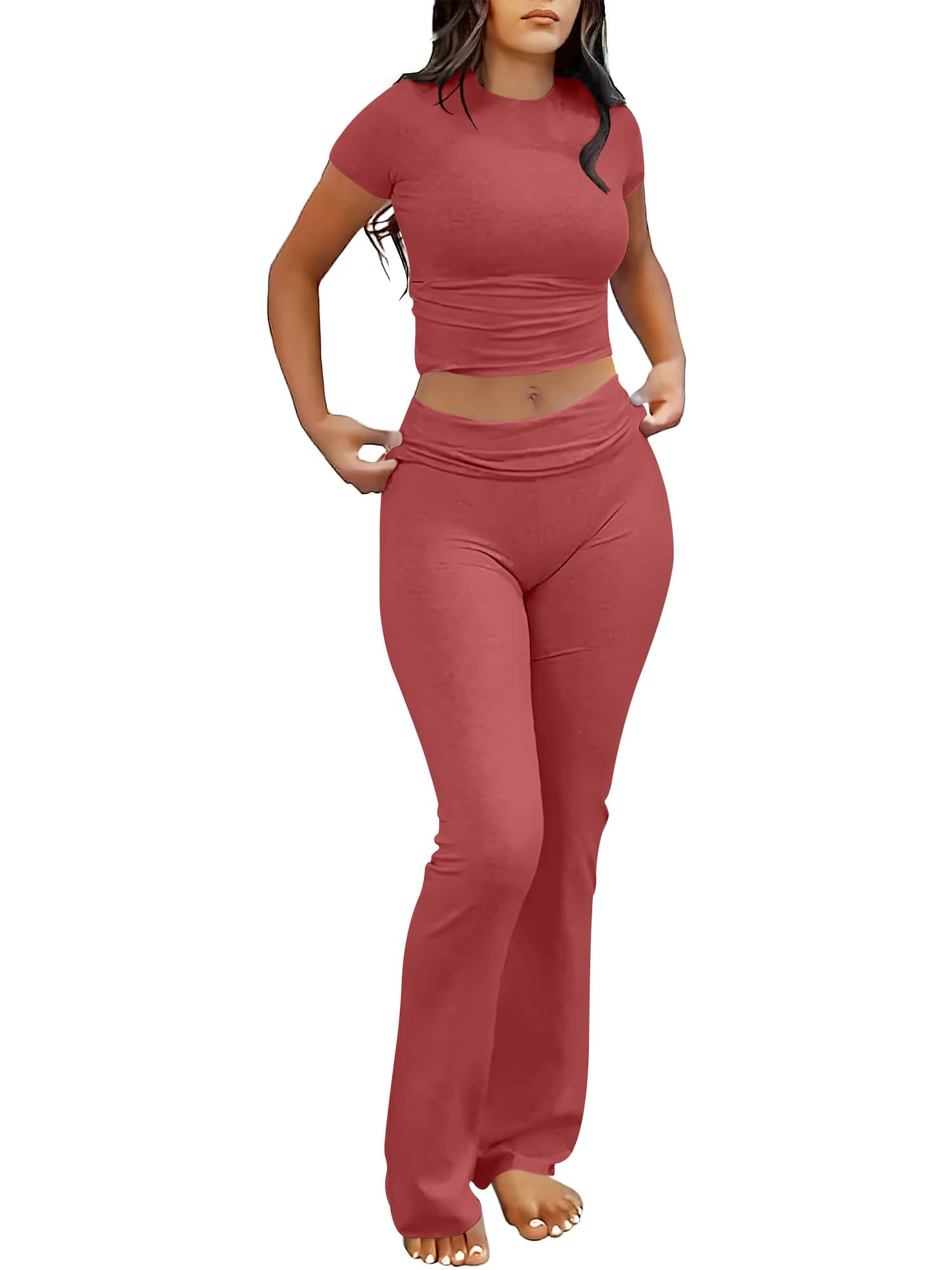 ANRABESS Lounge Sets for Women 2 Piece Foldover Yoga Flare Leggings Pants