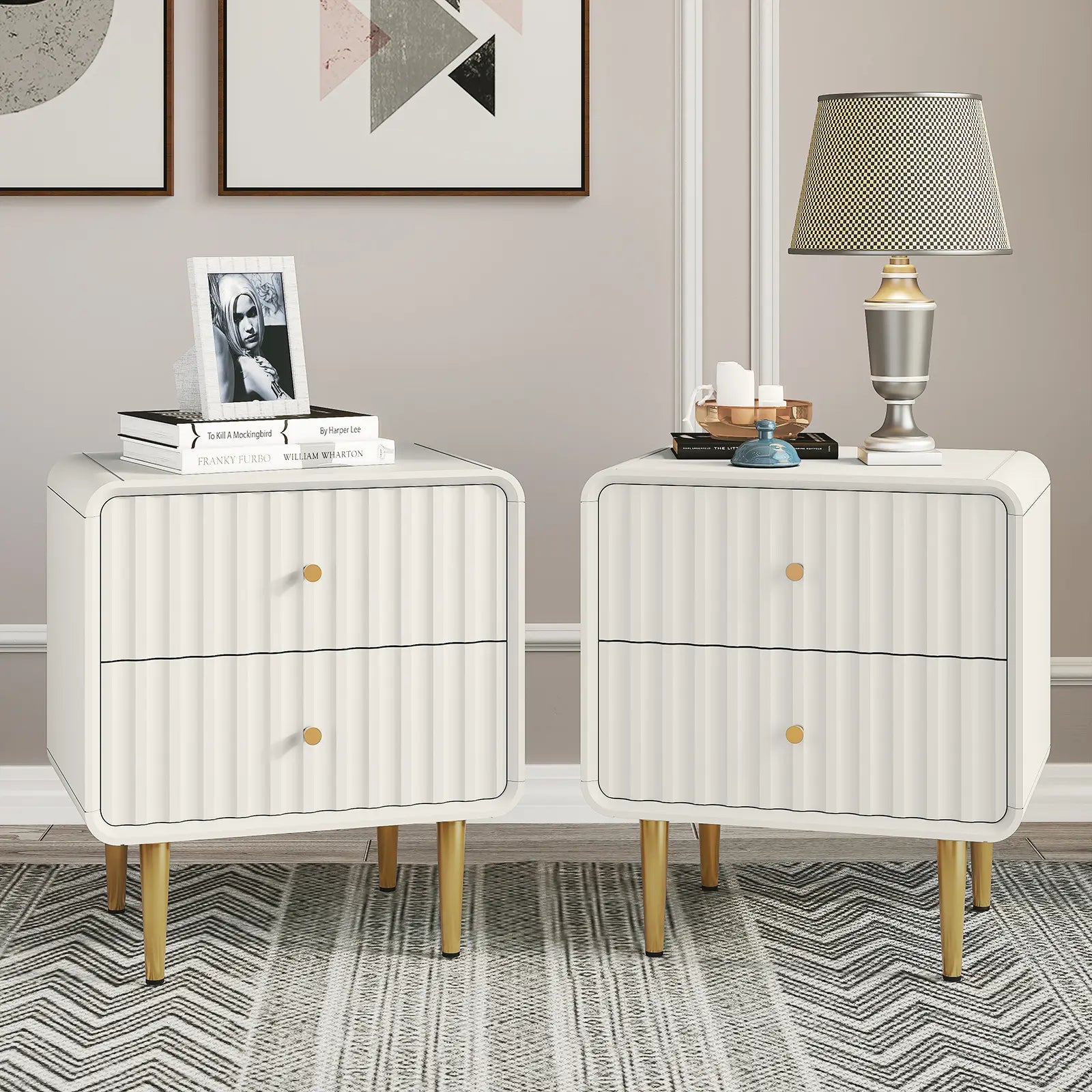 HLR Modern White Nightstand with Gold Handles – P2 MDF Frame, Easy Storage, Easy Assembly, Space-Saving – Bedroom, Living Room, Small Space, Elegant Design – Dust & Stain Resistant, Quick Clean, Versatile & Stylish, Perfect for Minimalist Rooms