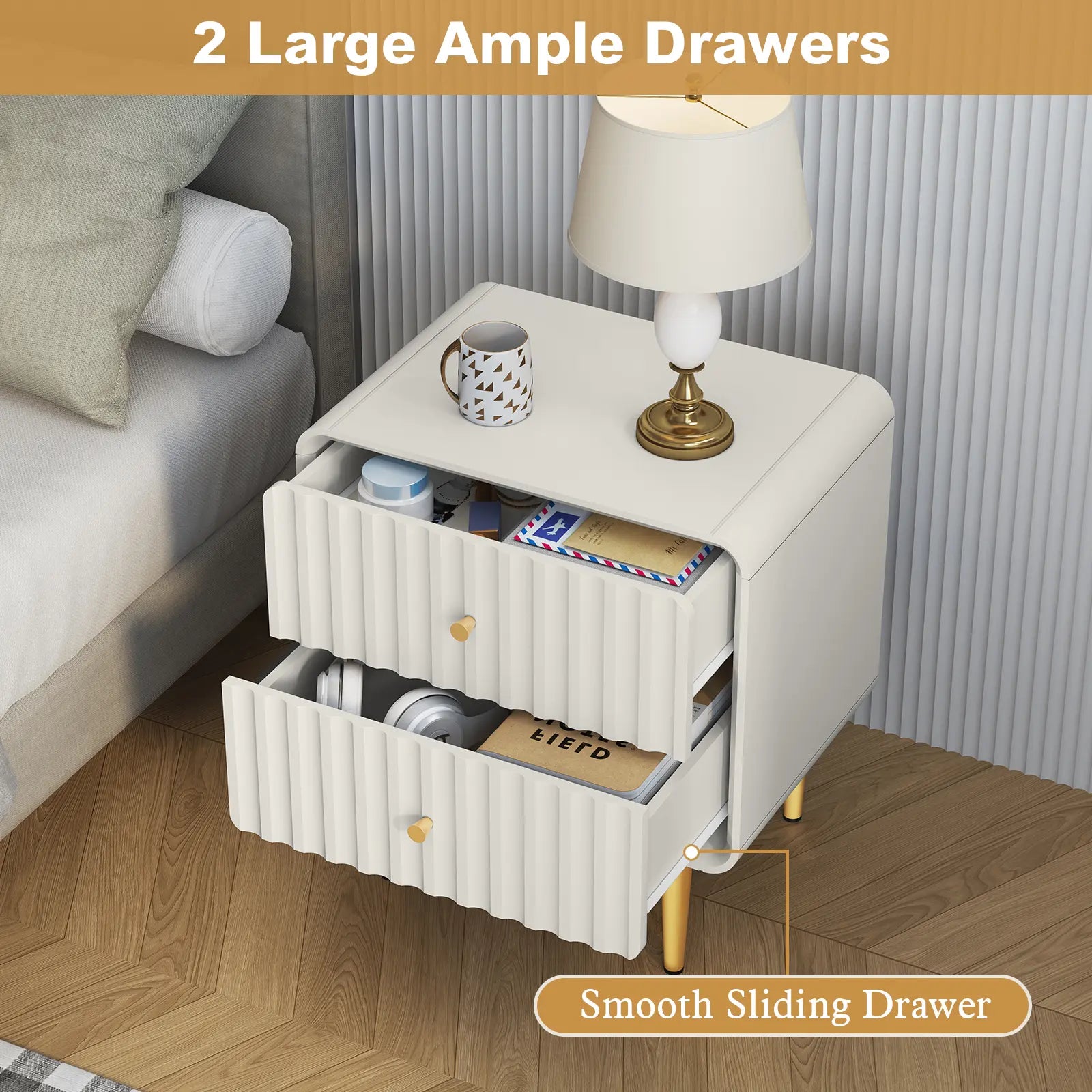 HLR Modern White Nightstand with Gold Handles – P2 MDF Frame, Easy Storage, Easy Assembly, Space-Saving – Bedroom, Living Room, Small Space, Elegant Design – Dust & Stain Resistant, Quick Clean, Versatile & Stylish, Perfect for Minimalist Rooms