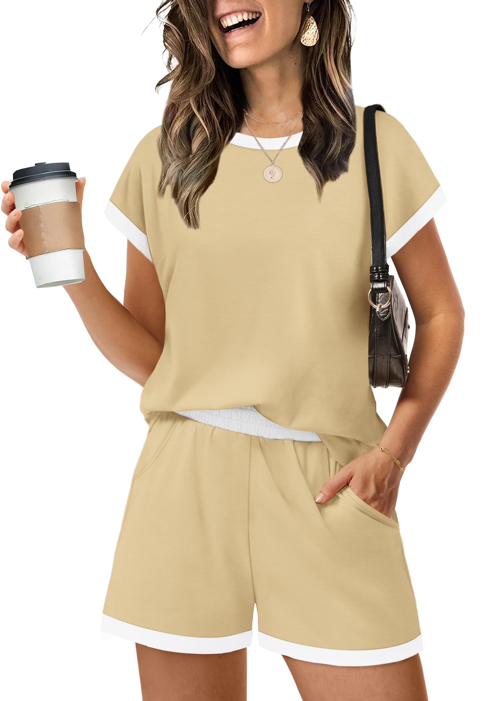 WIHOLL Two Piece Sets for Women Summer Lounge Short Sets Cap Sleeve Crew Neck