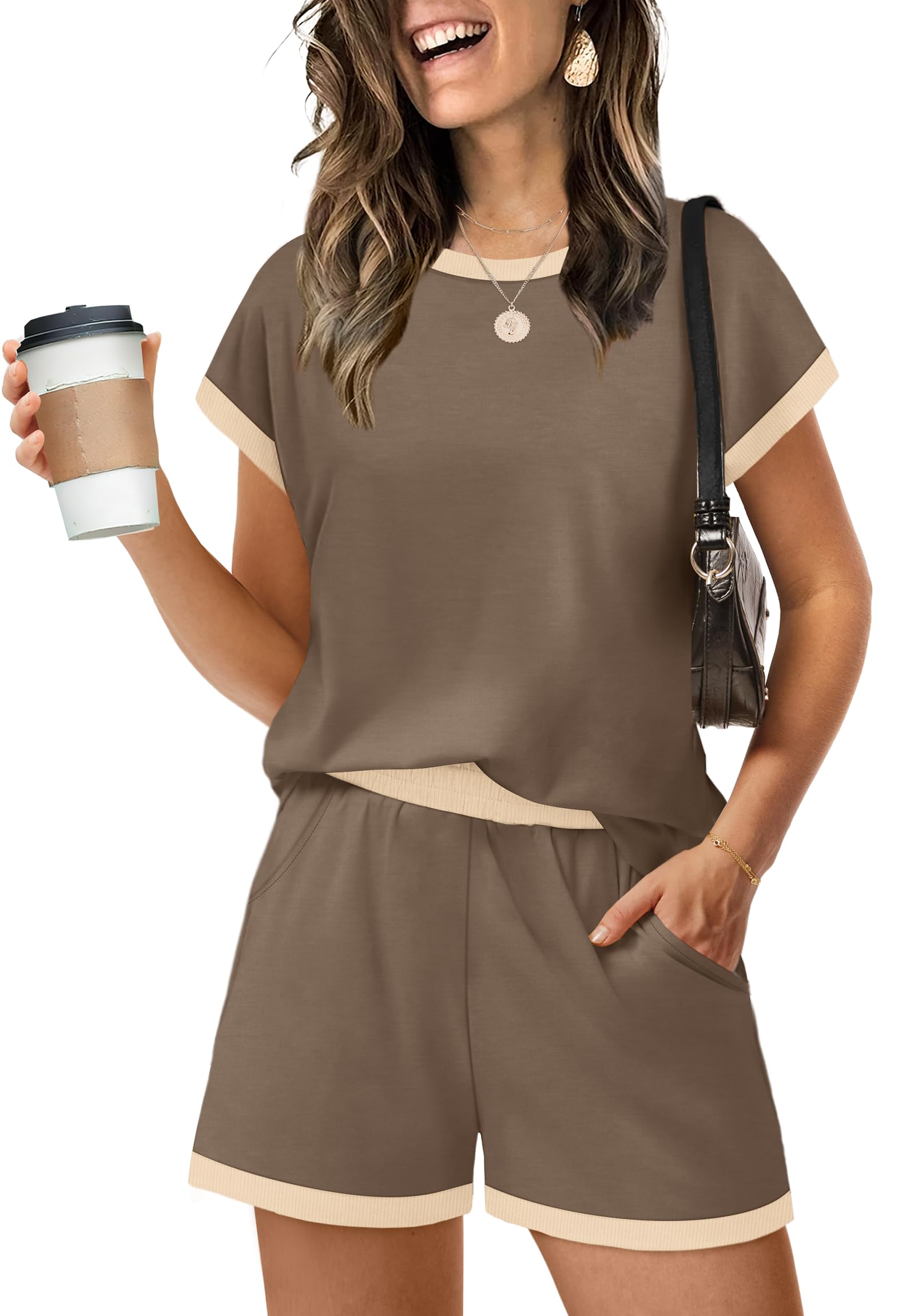 WIHOLL Two Piece Sets for Women Summer Lounge Short Sets Cap Sleeve Crew Neck