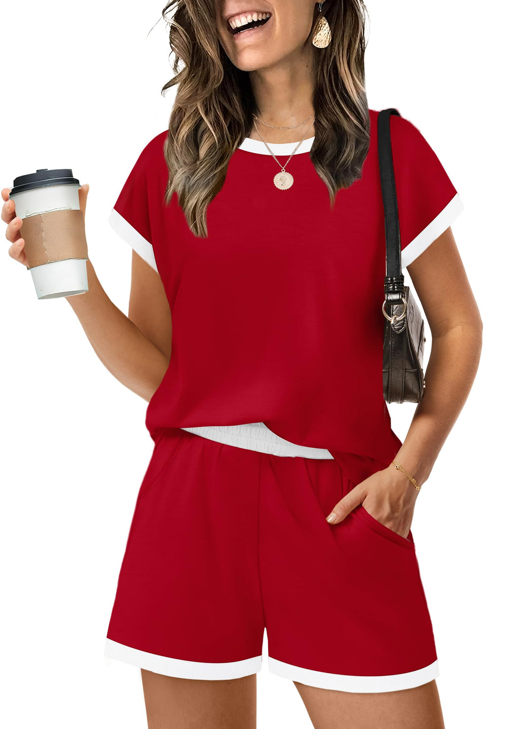 WIHOLL Two Piece Sets for Women Summer Lounge Short Sets Cap Sleeve Crew Neck