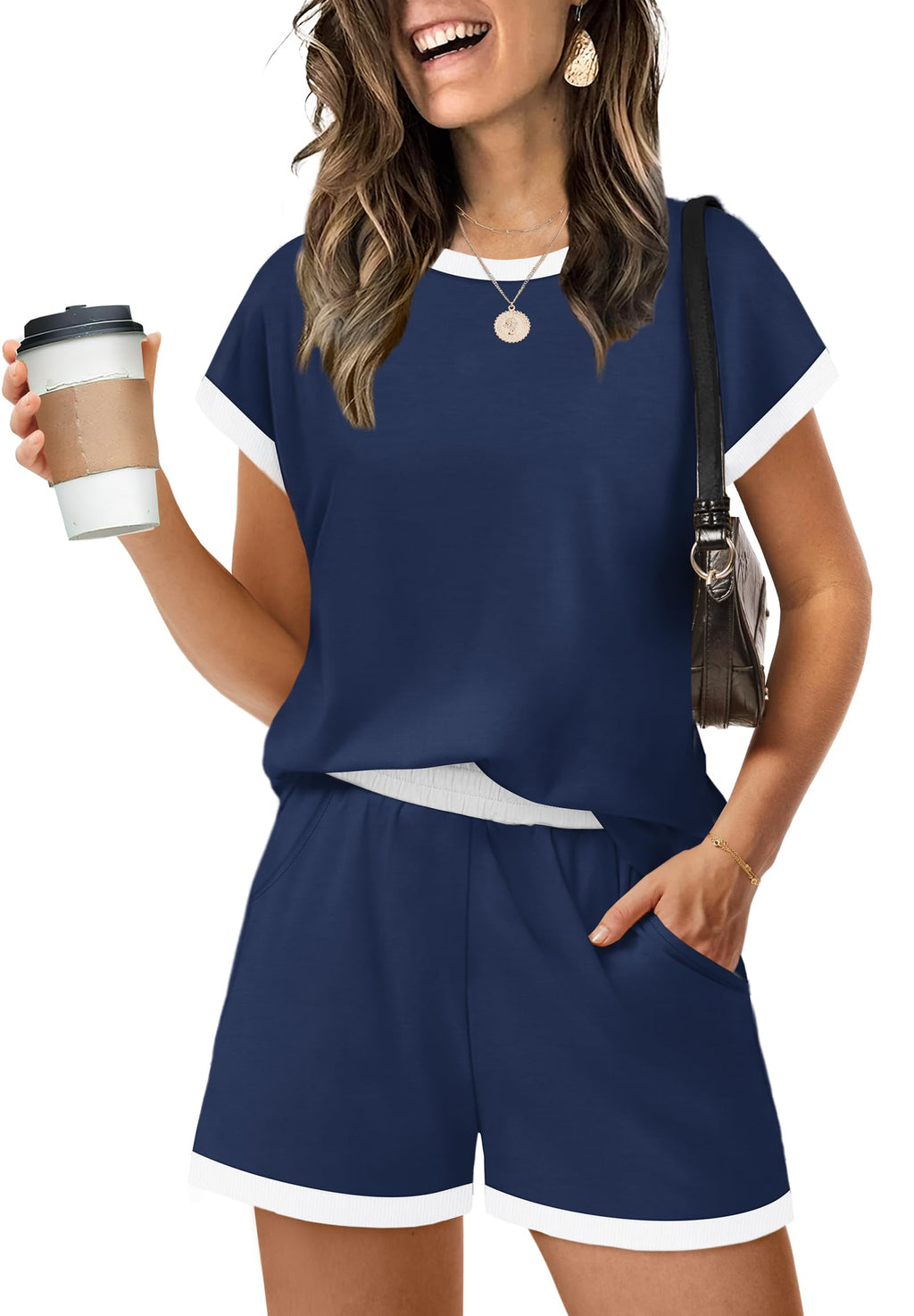 WIHOLL Two Piece Sets for Women Summer Lounge Short Sets Cap Sleeve Crew Neck