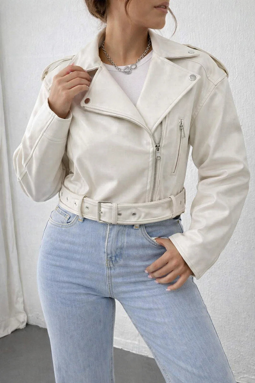 SHEIN Unity Women'S Fashionable Stand Collar Zipper Moto Jacket, Autumn Fall Winter Cloth for Women