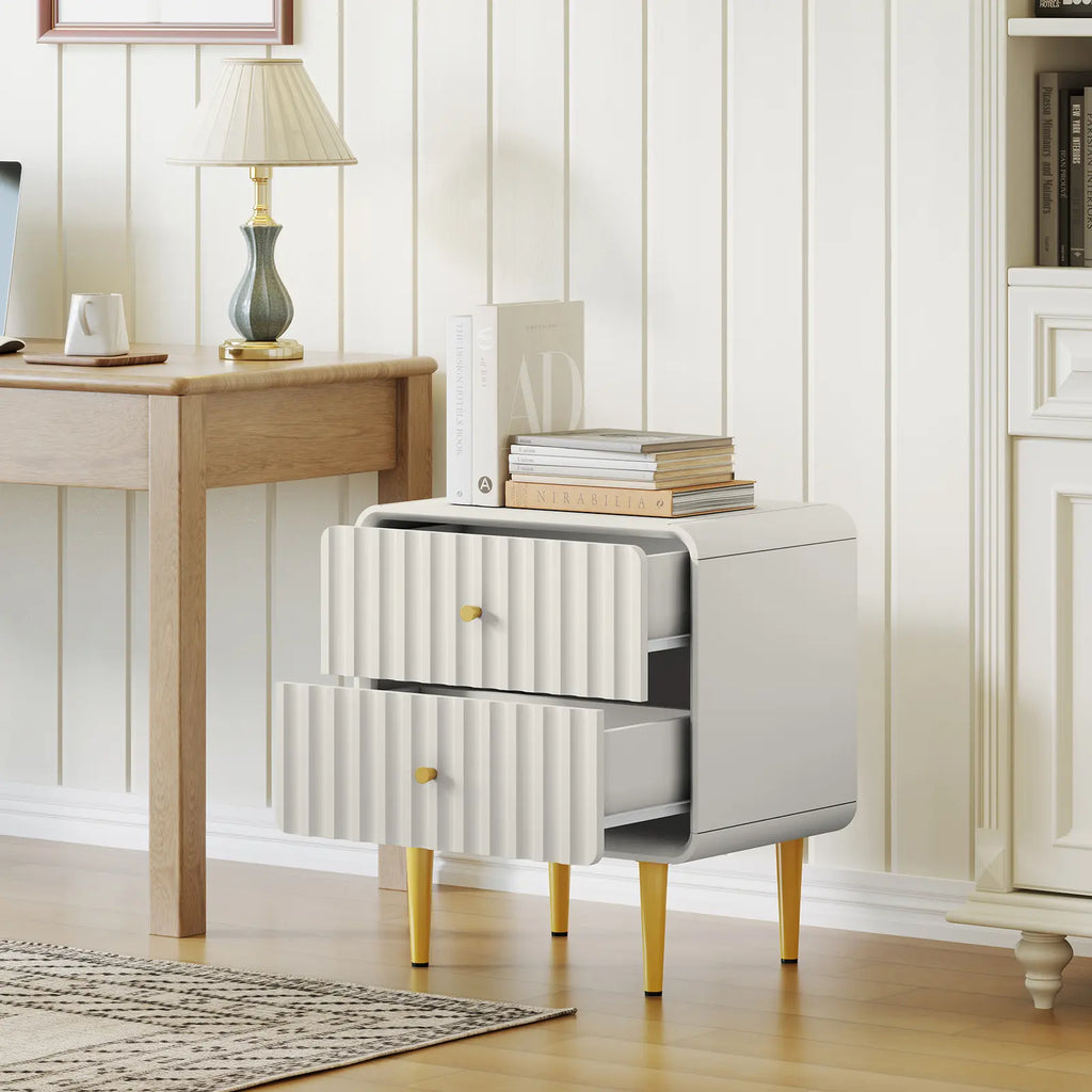 HLR Modern White Nightstand with Gold Handles – P2 MDF Frame, Easy Storage, Easy Assembly, Space-Saving – Bedroom, Living Room, Small Space, Elegant Design – Dust & Stain Resistant, Quick Clean, Versatile & Stylish, Perfect for Minimalist Rooms