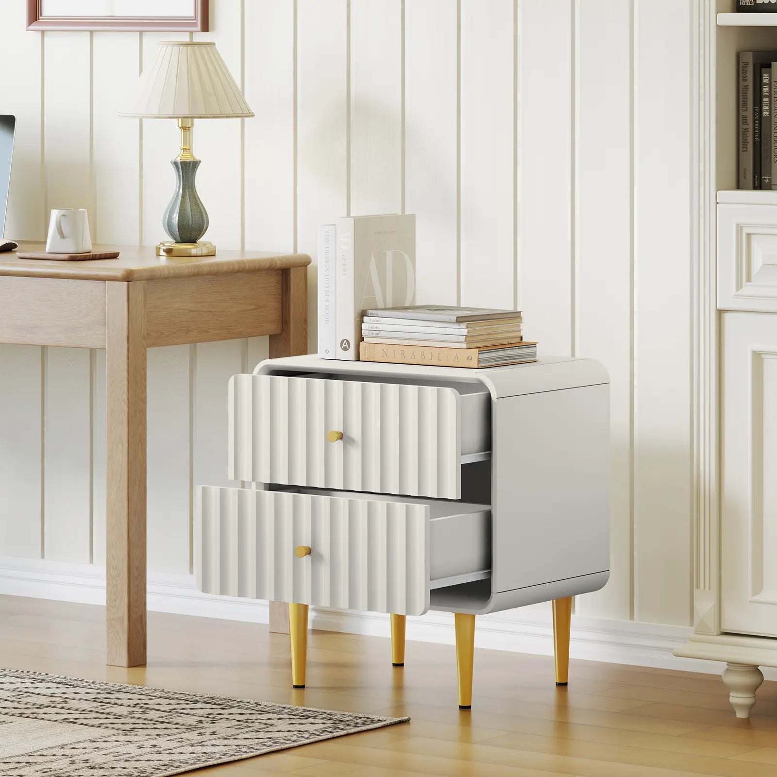 HLR Modern White Nightstand with Gold Handles – P2 MDF Frame, Easy Storage, Easy Assembly, Space-Saving – Bedroom, Living Room, Small Space, Elegant Design – Dust & Stain Resistant, Quick Clean, Versatile & Stylish, Perfect for Minimalist Rooms