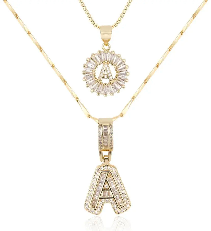 Lustre Link 2 Pack Initial Letter Necklace 14K Gold Plated Bling Dainty Necklaces Trendy Chunky Custom Name Necklace Personalized round Circle Pendant Zirconia Letters Name Valentine'S Day Anniversary Jewelry Set Gifts for Mom Gifts for Daughter