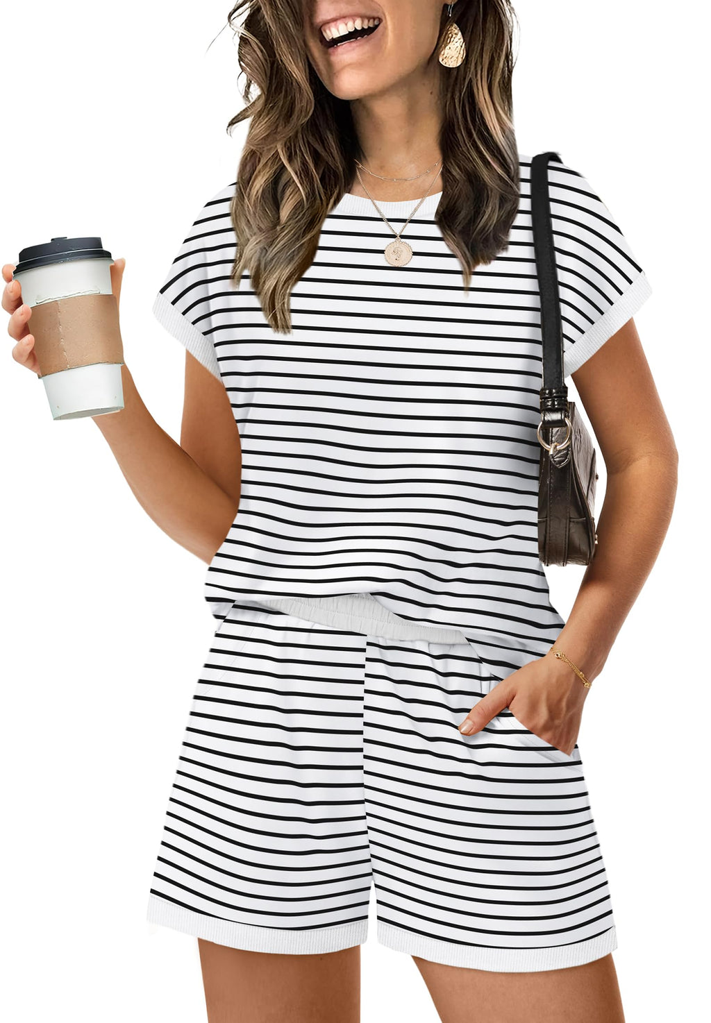 WIHOLL Two Piece Sets for Women Summer Lounge Short Sets Cap Sleeve Crew Neck