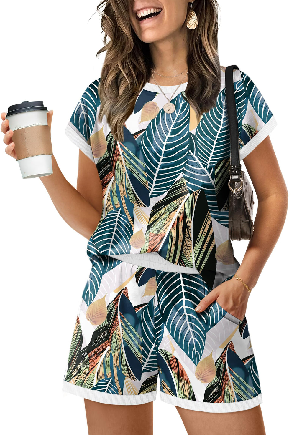 WIHOLL Two Piece Sets for Women Summer Lounge Short Sets Cap Sleeve Crew Neck