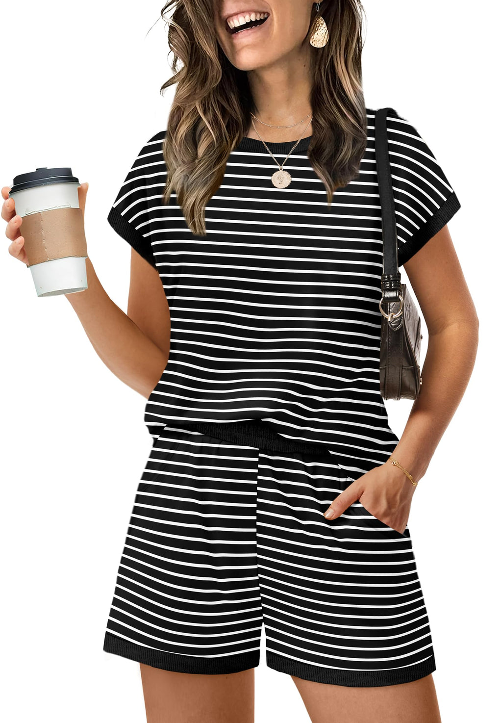 WIHOLL Two Piece Sets for Women Summer Lounge Short Sets Cap Sleeve Crew Neck