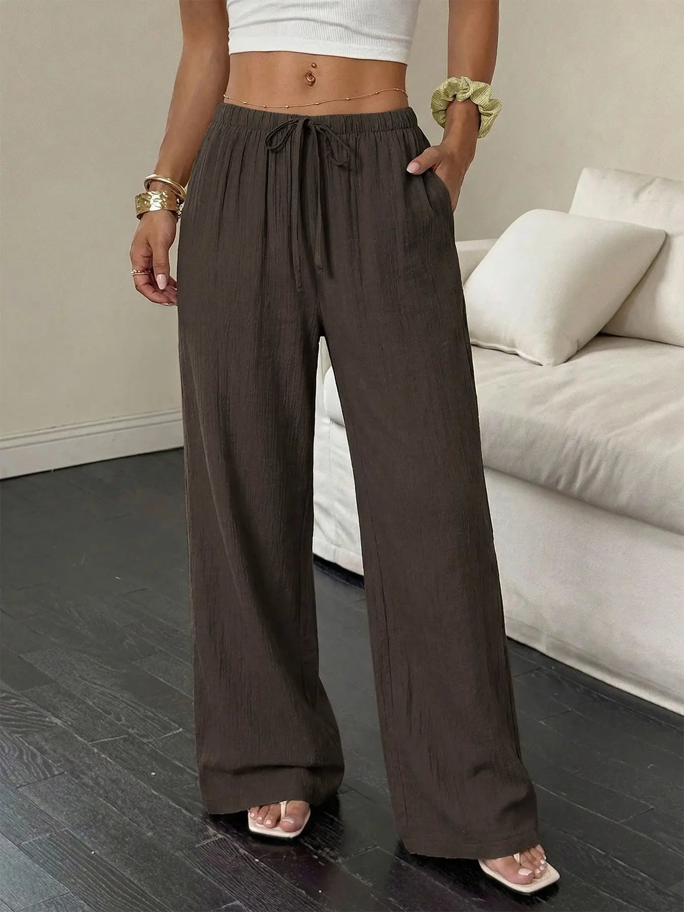 Women'S Linen Breathable Palazzo Pants Classical Summer Flowy Wide Leg Beach Trousers with Pocket Casual Solid Color Soft Elastic High Waist Lounge Pants Travel Vacation Bottoms Date Brunch Home Work Streetwear Outfit