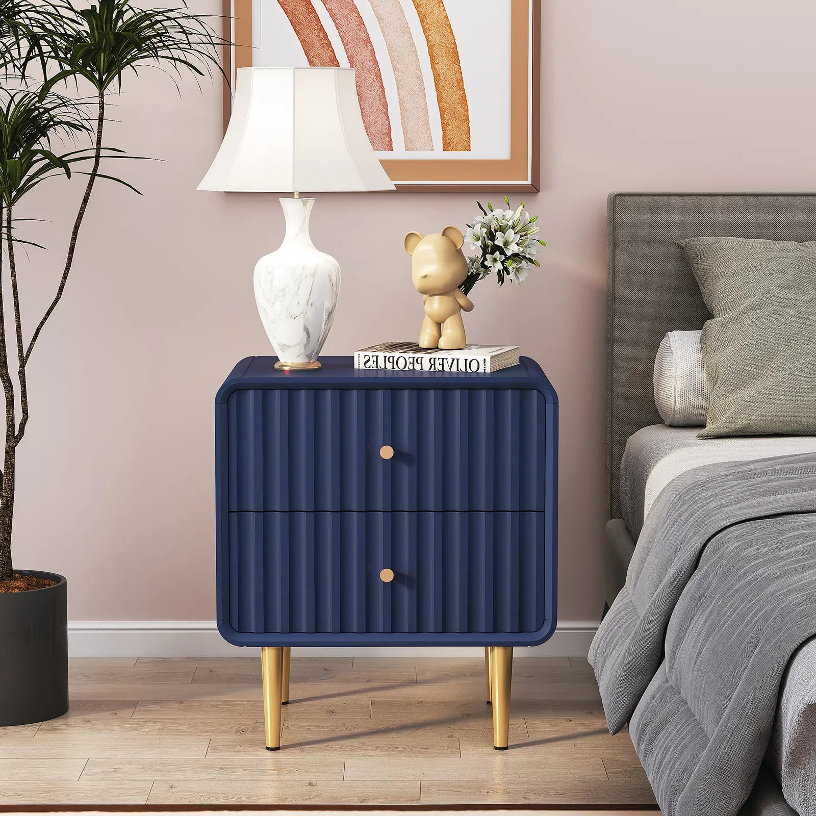 HLR Modern White Nightstand with Gold Handles – P2 MDF Frame, Easy Storage, Easy Assembly, Space-Saving – Bedroom, Living Room, Small Space, Elegant Design – Dust & Stain Resistant, Quick Clean, Versatile & Stylish, Perfect for Minimalist Rooms