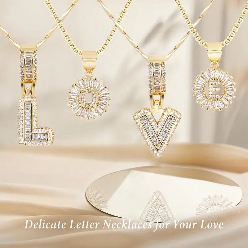 Lustre Link 2 Pack Initial Letter Necklace 14K Gold Plated Bling Dainty Necklaces Trendy Chunky Custom Name Necklace Personalized round Circle Pendant Zirconia Letters Name Valentine'S Day Anniversary Jewelry Set Gifts for Mom Gifts for Daughter