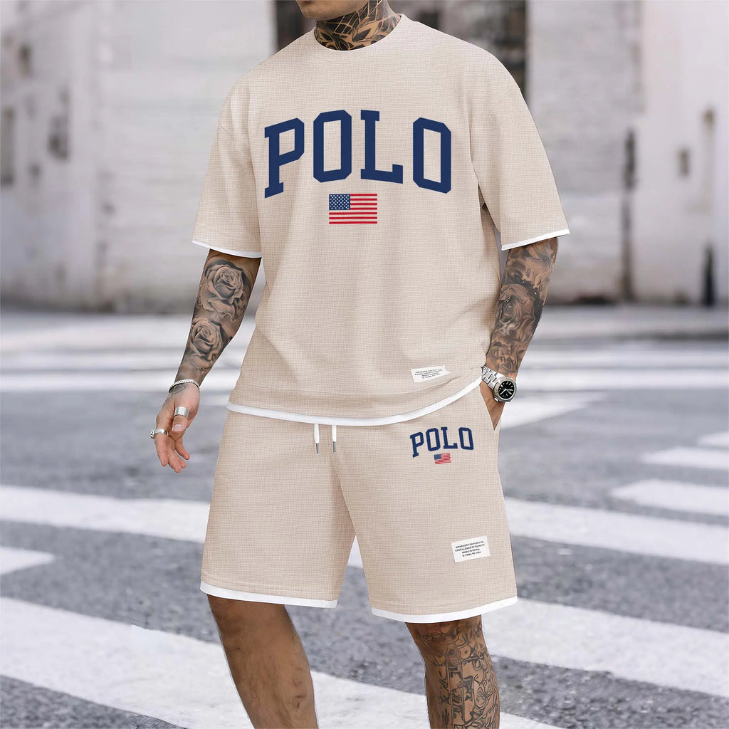 Men'S Polo Print Drawstring Shorts Set for Spring/Summer. a Casual Summer Outfit, Including a Short-Sleeved Shirt and Shorts, Suitable for Everyday Wear and Sports. a Two-Piece Set for a Relaxed and Energetic Lifestyle.