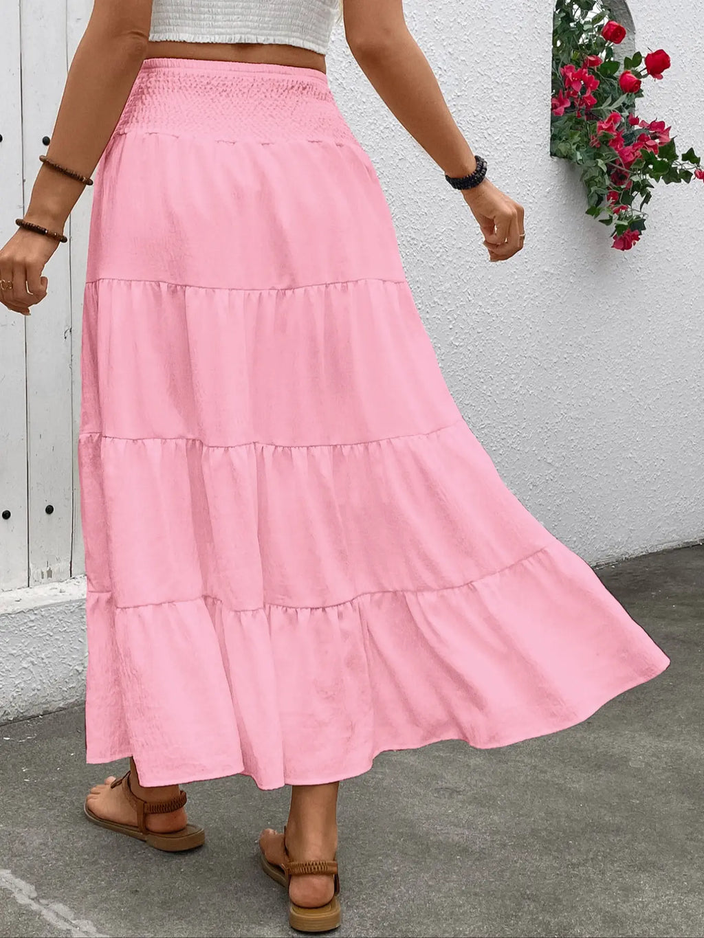 Women'S Plain Boho Style High Waist A-Line Skirt, Woven Elasticity Loose-Fitting Long Dress with Adjustable Drawstring Design, Casual Fashion for All Seasons