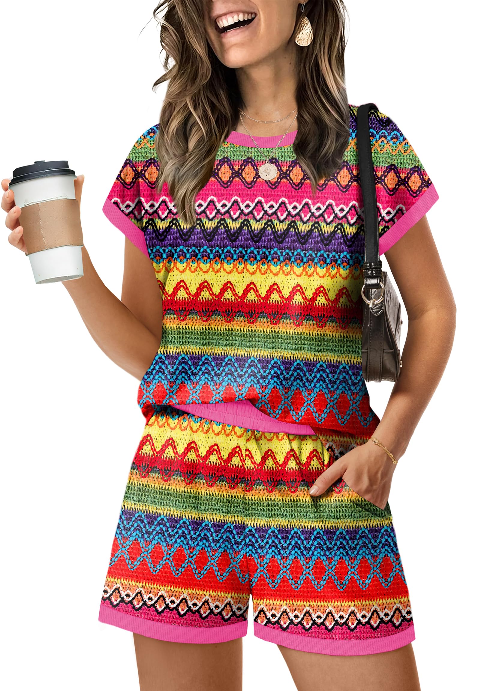WIHOLL Two Piece Sets for Women Summer Lounge Short Sets Cap Sleeve Crew Neck