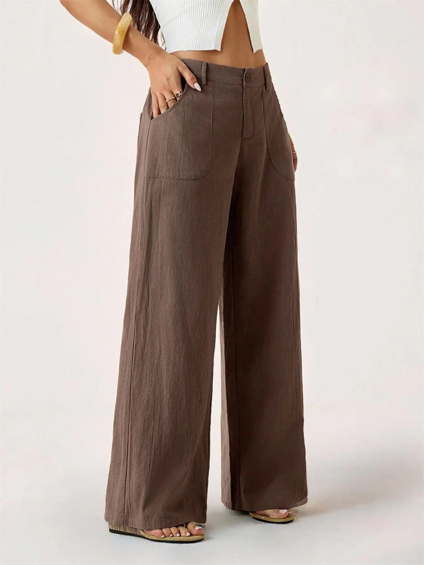 Women'S Classical Linen Lightweight Palazzo Pants Summer Flowy Wide Straight Leg Beach Trousers with Pocket Casual Solid Color Soft Elastic High Waist Lounge Pants Travel Vacation Bottoms Date Brunch Home Work Streetwear Outfit Womenswear