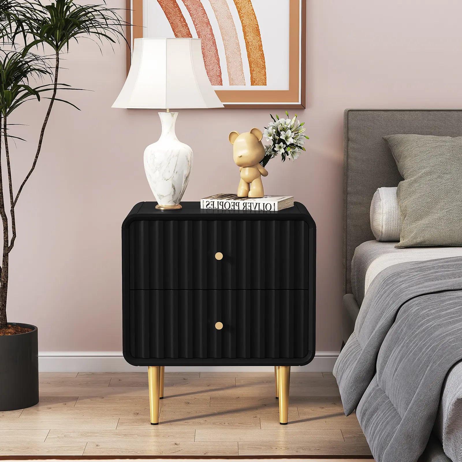 HLR Modern White Nightstand with Gold Handles – P2 MDF Frame, Easy Storage, Easy Assembly, Space-Saving – Bedroom, Living Room, Small Space, Elegant Design – Dust & Stain Resistant, Quick Clean, Versatile & Stylish, Perfect for Minimalist Rooms