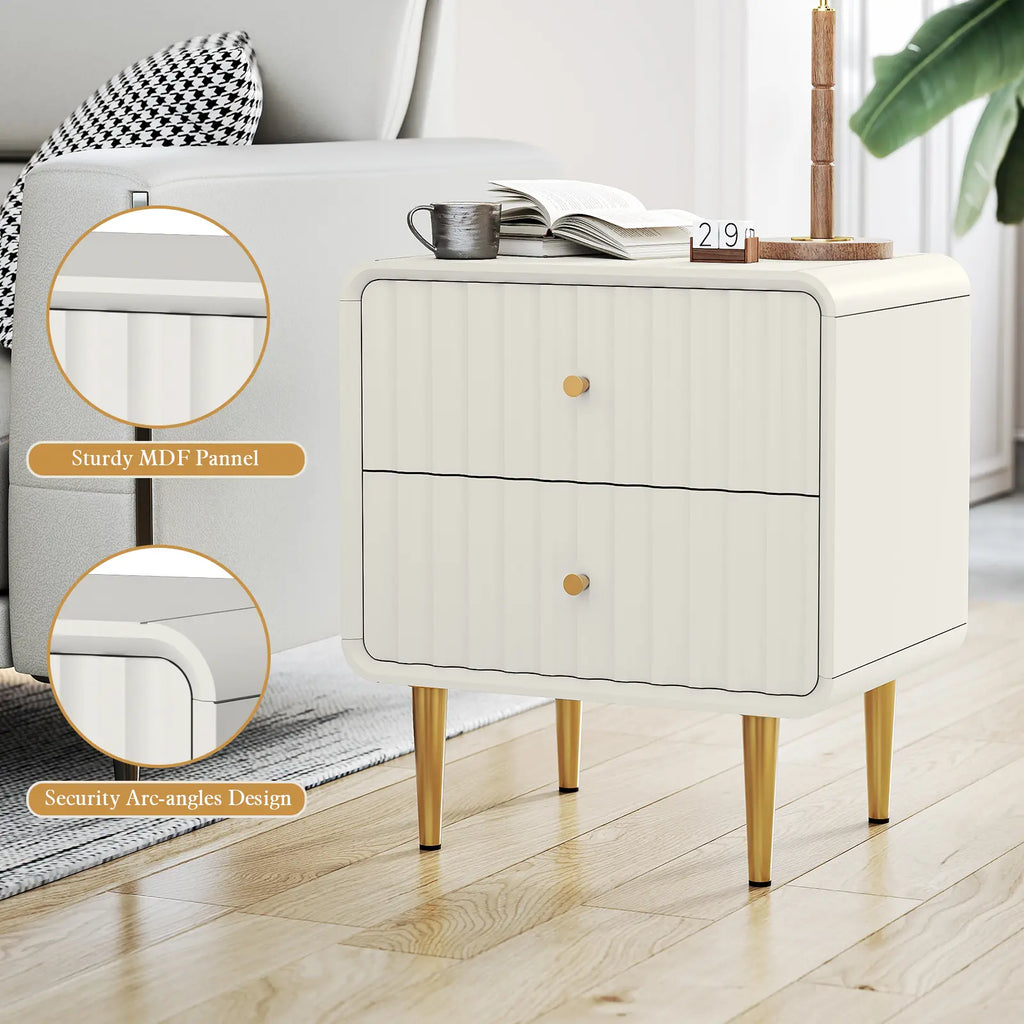 HLR Modern White Nightstand with Gold Handles – P2 MDF Frame, Easy Storage, Easy Assembly, Space-Saving – Bedroom, Living Room, Small Space, Elegant Design – Dust & Stain Resistant, Quick Clean, Versatile & Stylish, Perfect for Minimalist Rooms