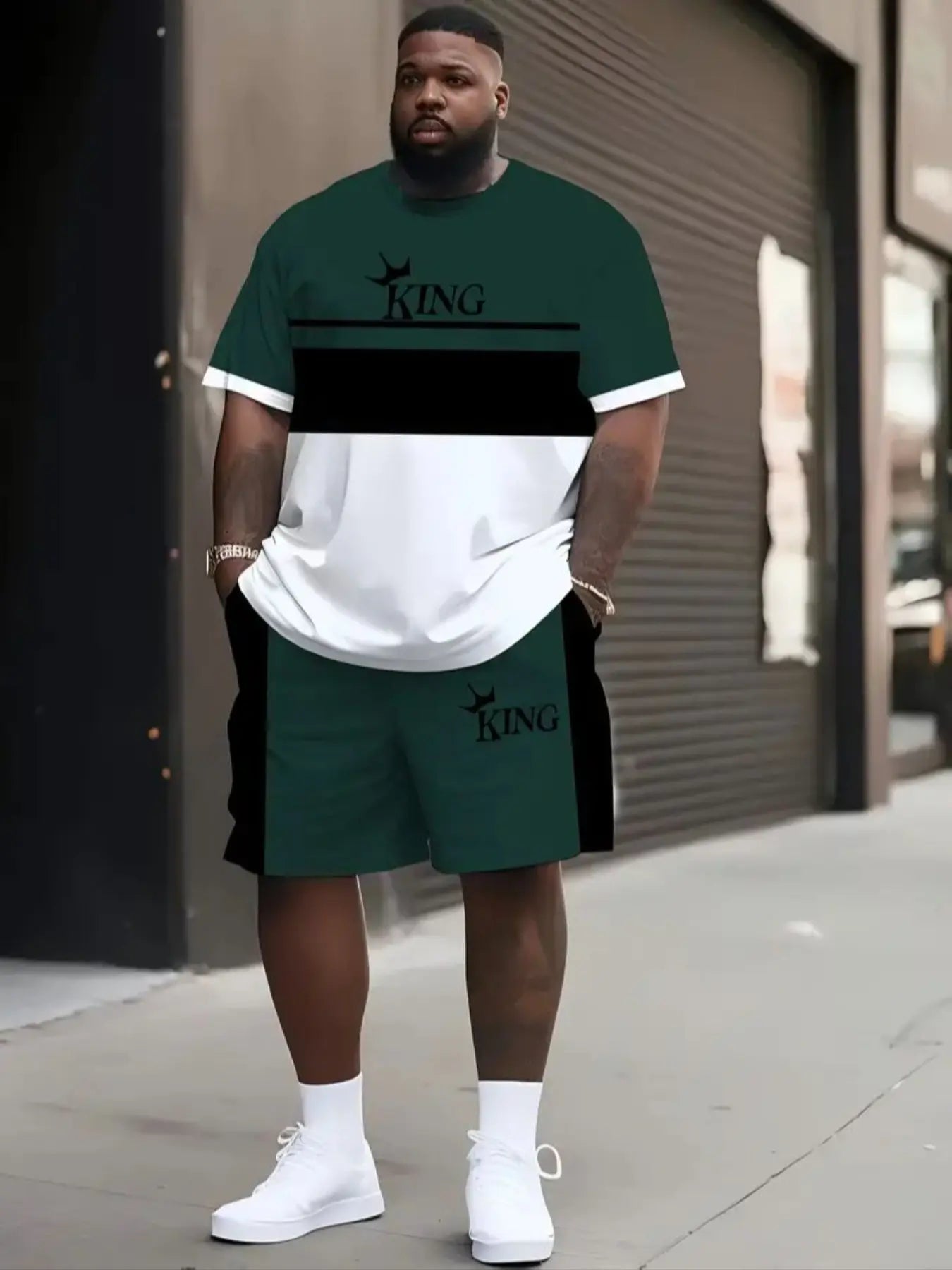 Men'S plus Size 3D King Striped T-Shirt and Shorts Set, Polyester Fiber, Summer Sports, Party, Travel Gift, Loose Fit