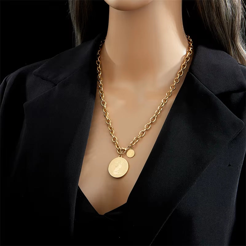 DIEYURO 316L Stainless Steel Gold Color Hip Hop round Portrait Coin Necklace for Women Men Fashion Trend Girl Jewelry Gift Joyas