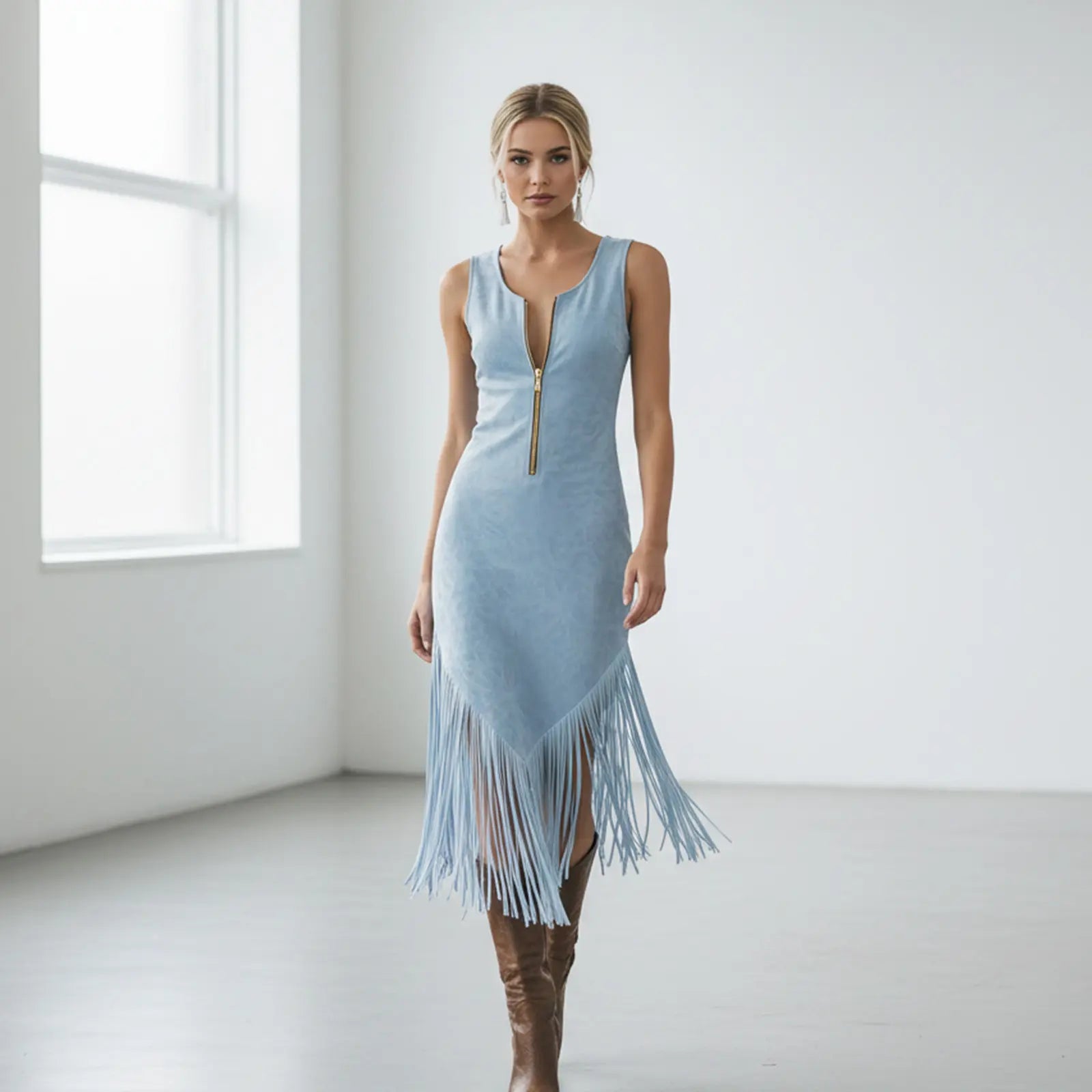 【Fringe Dress】Sky Blue Zip Front V-Hem Tassel Unique Western Sleek Fringe Dress Summer Midi for Women Sleeveless Womenswear